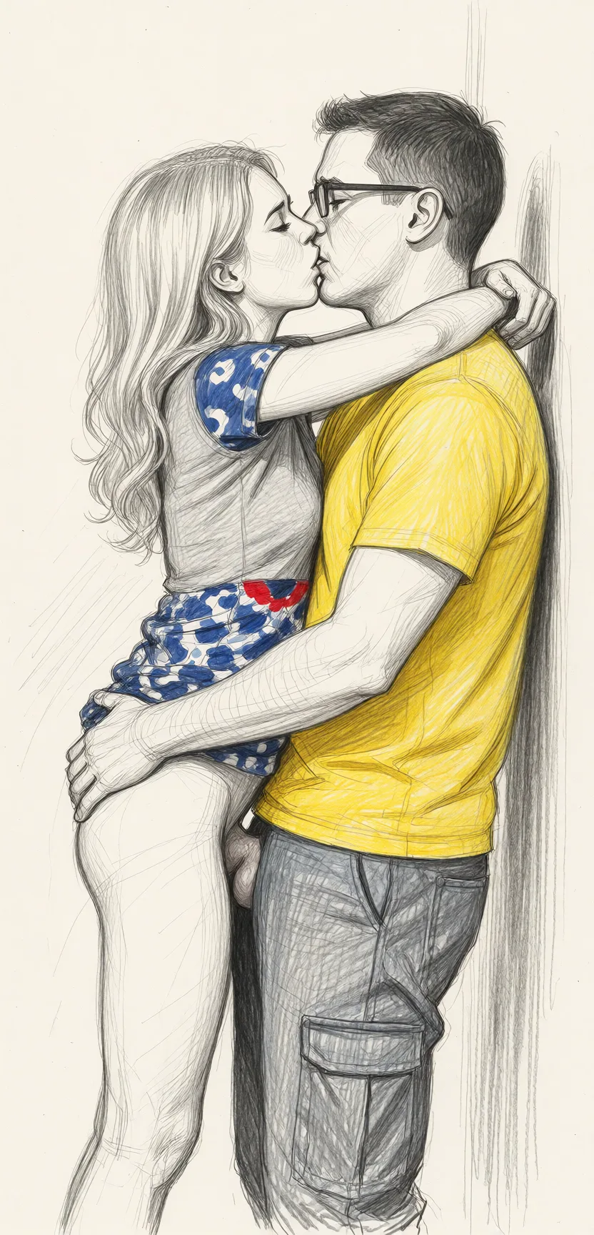 Redraw the entire picture as a hand-drawn graphite sketch on off-white paper: visible pencil strokes, cross-hatched shading, loose construction lines and no colour beyond the grey of the pencil and the tone of the paper. The background is drawn in the same style. Nothing in the frame keeps its photographic appearance. Above all, the picture must show: standing_sex, she's orgasm.