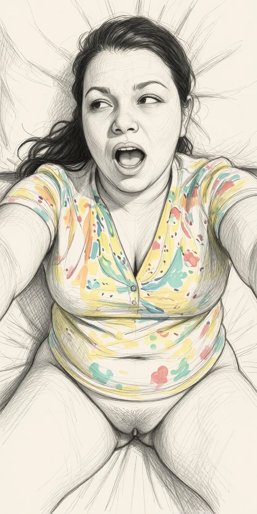 Redraw the entire picture as a hand-drawn graphite sketch on off-white paper: visible pencil strokes, cross-hatched shading, loose construction lines and no colour beyond the grey of the pencil and the tone of the paper. The background is drawn in the same style. Nothing in the frame keeps its photographic appearance. Above all, the picture must show: Maintain her face the way it is. She is chubby. She is wearing only her shirt. She is in bed with her legs spread and we can see her pussy.