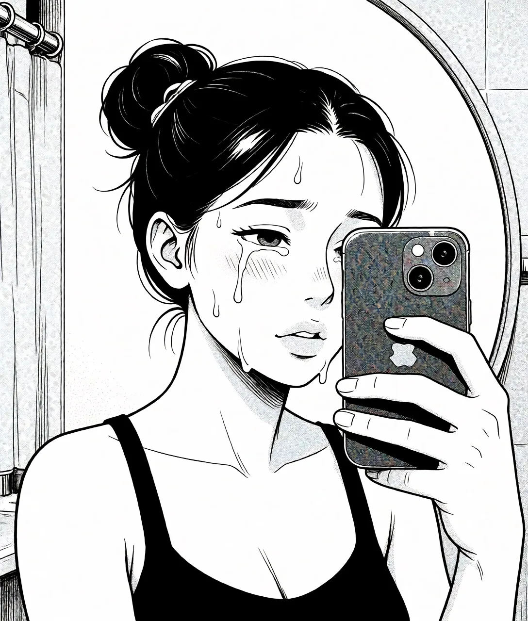 Redraw the entire picture as a black and white manga page: crisp black ink line art, no colour anywhere, flat halftone screentone shading, hatched shadows and clean white highlights, in the look of a printed manga panel. The background is drawn in the same style. Nothing in the frame keeps its photographic appearance. Above all, the picture must show: Have sex with a man.