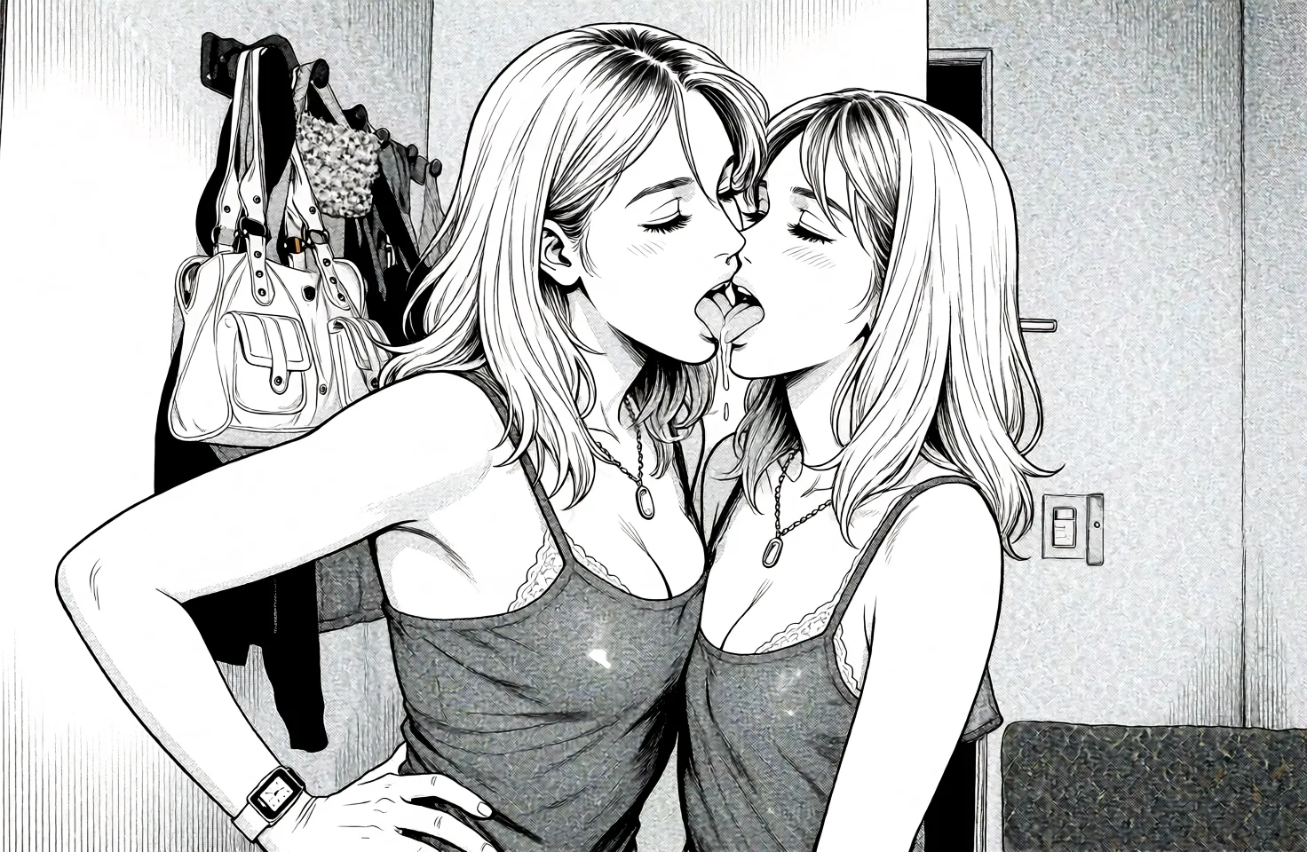 Redraw the entire picture as a black and white manga page: crisp black ink line art, no colour anywhere, flat halftone screentone shading, hatched shadows and clean white highlights, in the look of a printed manga panel. The background is drawn in the same style. Nothing in the frame keeps its photographic appearance. Above all, the picture must show: besos, tetas, caricias, lengua.