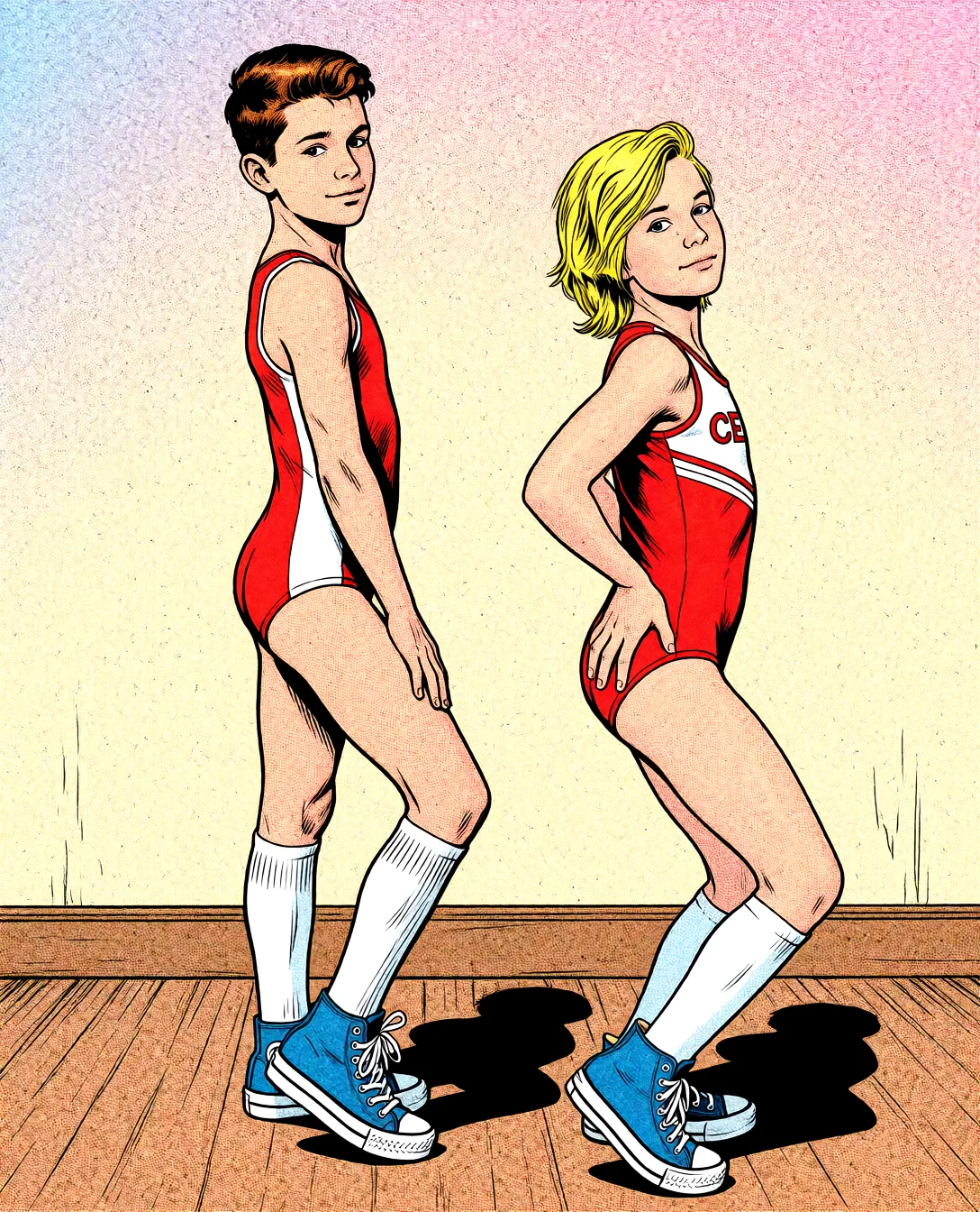 Redraw the entire picture as western comic-book art: heavy black inked outlines, hard-edged cel shading, limited high-contrast colour and visible halftone dot texture. The background is drawn in the same style. Nothing in the frame keeps its photographic appearance. Above all, the picture must show: sex_from_behind.