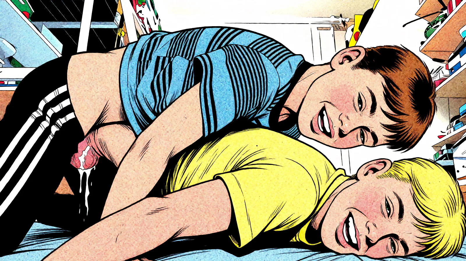 Redraw the entire picture as western comic-book art: heavy black inked outlines, hard-edged cel shading, limited high-contrast colour and visible halftone dot texture. The background is drawn in the same style. Nothing in the frame keeps its photographic appearance. Above all, the picture must show: doggystyle sex_from_behind.