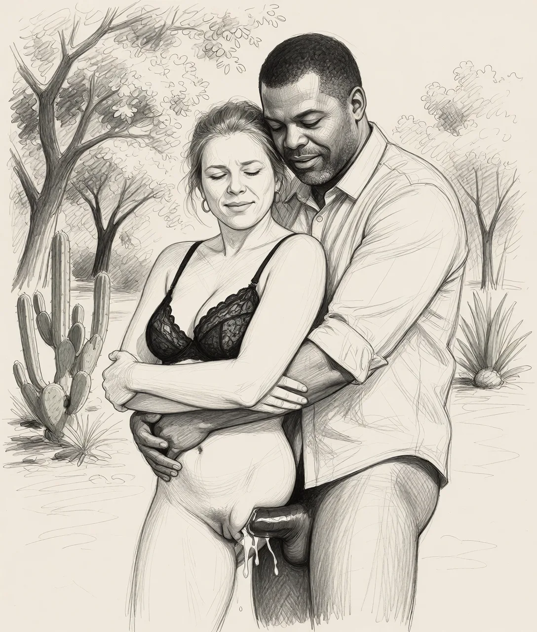 Redraw the entire picture as a hand-drawn graphite sketch on off-white paper: visible pencil strokes, cross-hatched shading, loose construction lines and no colour beyond the grey of the pencil and the tone of the paper. The background is drawn in the same style. Nothing in the frame keeps its photographic appearance. Above all, the picture must show: She is only wearing a black lace bra. He is completely_nude and fucking her.