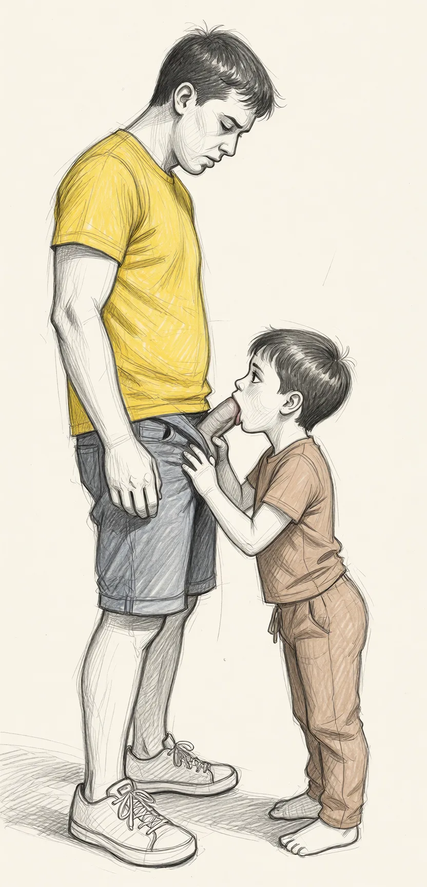 Redraw the entire picture as a hand-drawn graphite sketch on off-white paper: visible pencil strokes, cross-hatched shading, loose construction lines and no colour beyond the grey of the pencil and the tone of the paper. The background is drawn in the same style. Nothing in the frame keeps its photographic appearance. Above all, the picture must show: Short guy is sucking tall guy's penis.