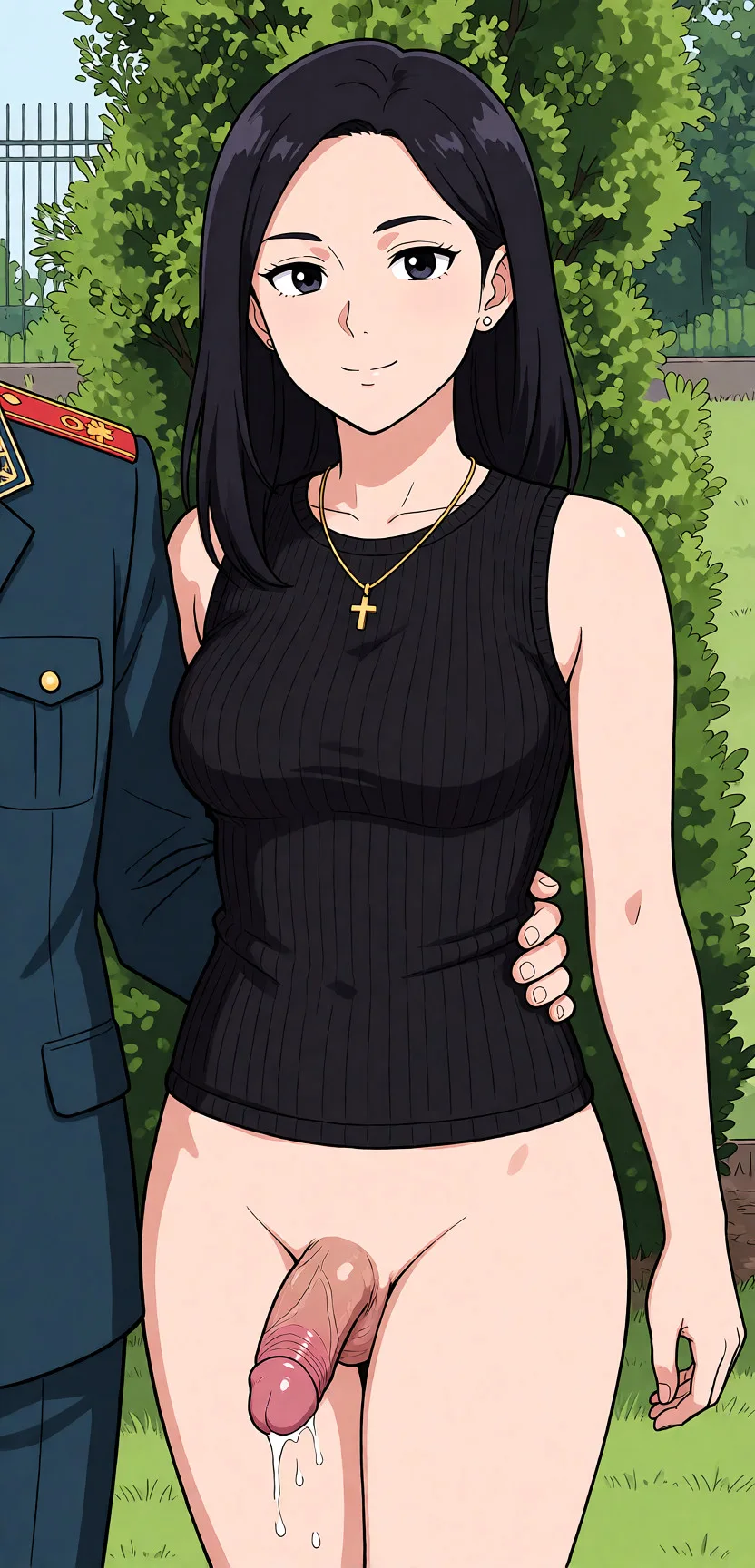 Redraw the entire picture as a hand-drawn anime illustration in flat cel-shaded anime style. It stays the same person with the same face, the same expression, the same hair and the same skin tone, and every other detail of the photograph is kept exactly as it is: nothing is added, removed, moved, uncovered or recoloured. Only the medium changes, and no part of the picture is left photographic. Above all, the picture must show: Jumps on a penis.