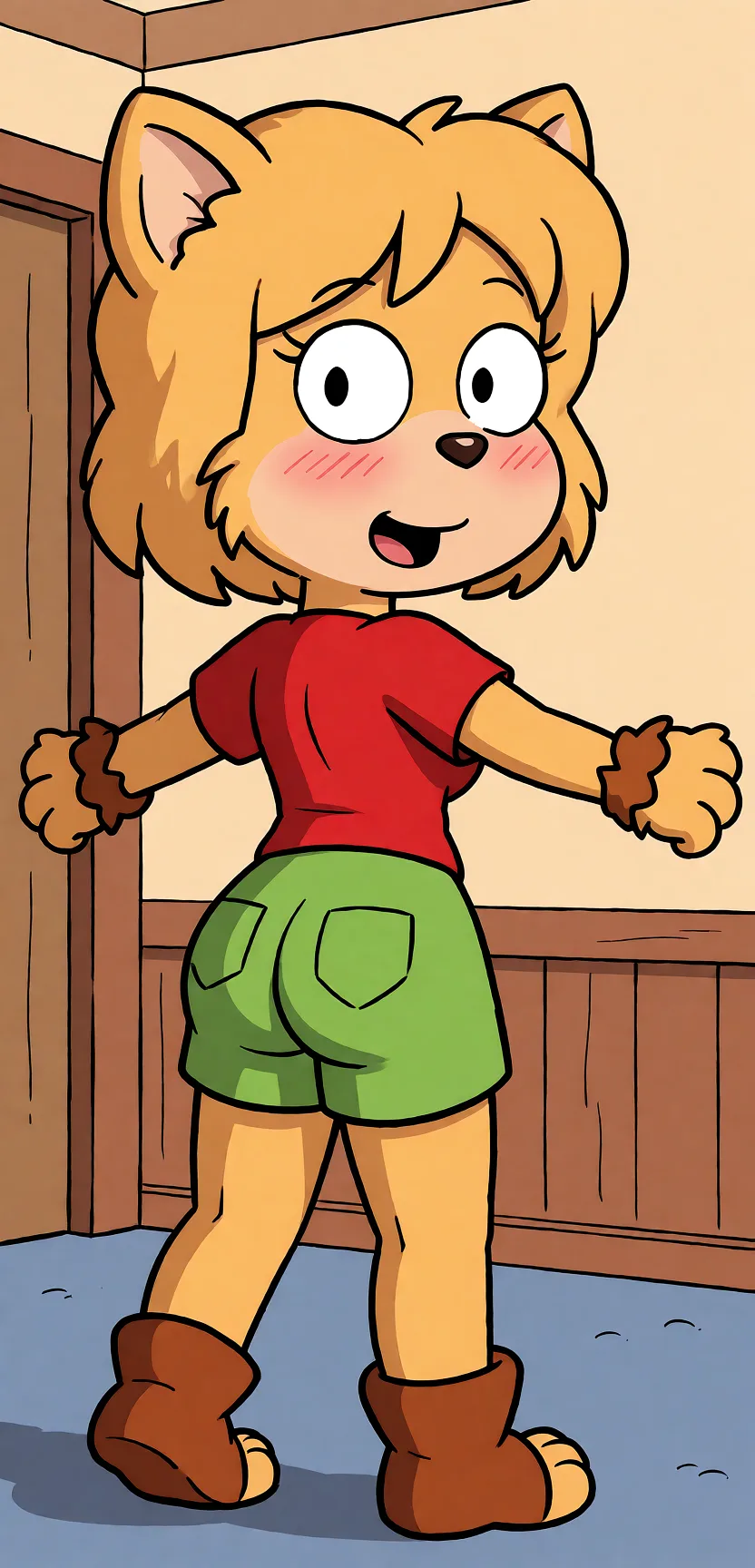 Redraw the entire picture as a western animated cartoon cel: thick even outlines, flat bright blocks of colour, simplified rounded shapes and hard-edged shadows, in the look of a television cartoon rather than of a camera. Keep the woman's adult proportions and adult figure exactly as they are; only the drawing style changes. The background is drawn in the same style. Nothing in the frame keeps its photographic appearance. Above all, the picture must show: sex_from_behind blush.