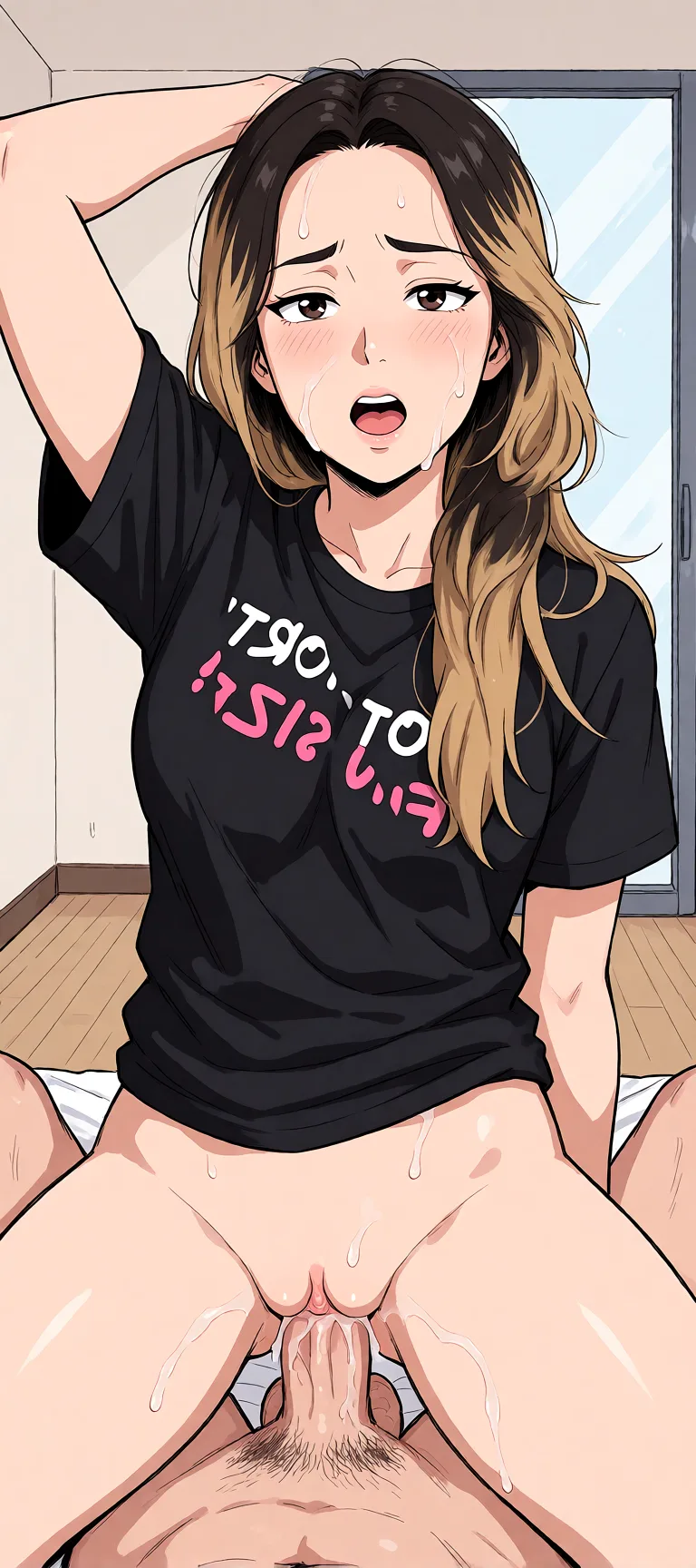 Redraw the entire picture as a hand-drawn anime illustration in flat cel-shaded anime style. It stays the same person with the same face, the same expression, the same hair and the same skin tone, and every other detail of the photograph is kept exactly as it is: nothing is added, removed, moved, uncovered or recoloured. Only the medium changes, and no part of the picture is left photographic. Above all, the picture must show: naked fucking other man missionary style.