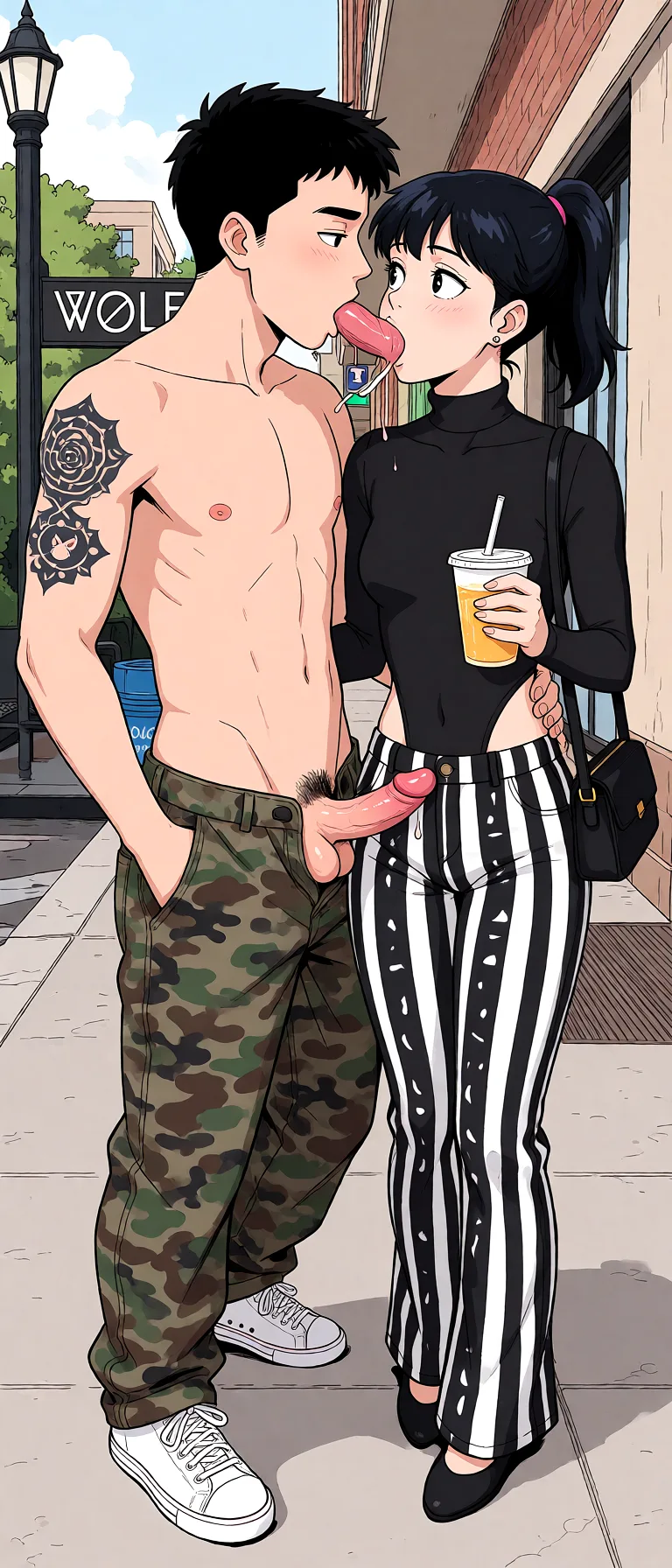 Redraw the entire picture as a hand-drawn anime illustration in flat cel-shaded anime style. It stays the same person with the same face, the same expression, the same hair and the same skin tone, and every other detail of the photograph is kept exactly as it is: nothing is added, removed, moved, uncovered or recoloured. Only the medium changes, and no part of the picture is left photographic. Above all, the picture must show: A twink sucking a dildo.