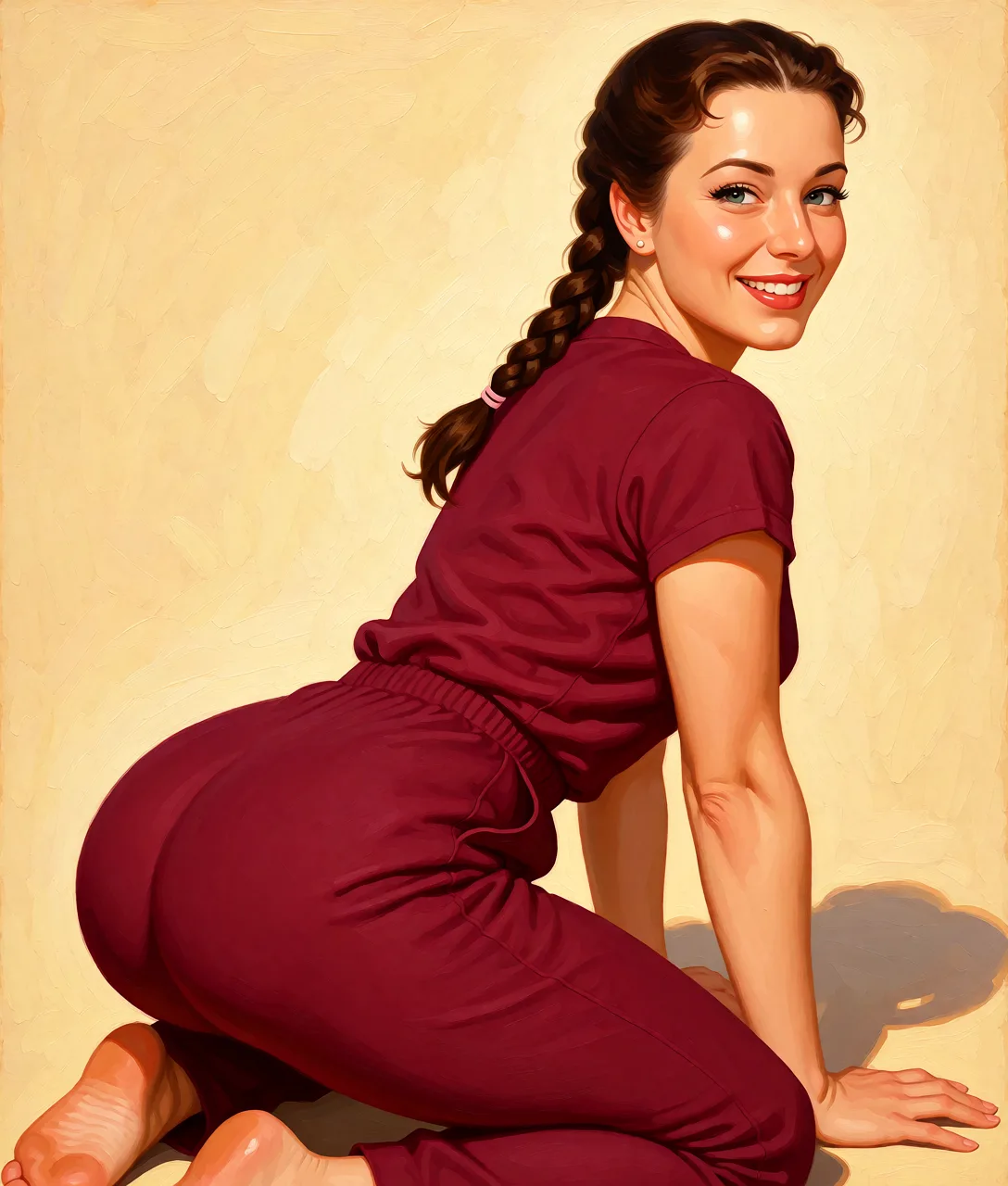 Redraw the entire picture as a retro pin-up illustration: smooth airbrushed gouache paint, warm saturated mid-century colour, clean confident outlines and glamorous stylised features, in the look of a 1950s pin-up poster. The background is painted in the same style. Nothing in the frame keeps its photographic appearance. Above all, the picture must show: Spreading her ass and looking back at the camera.