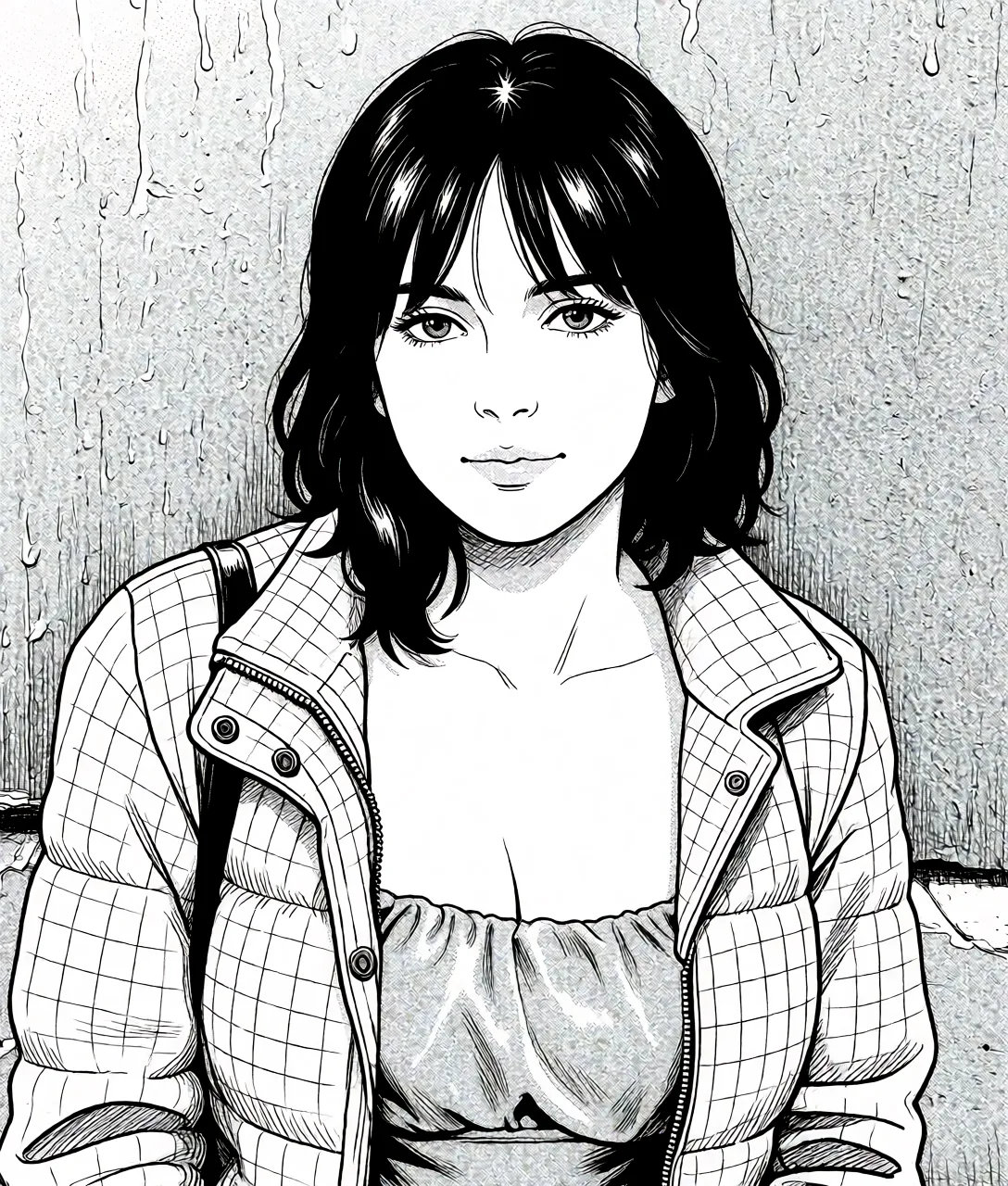 Redraw the entire picture as a black and white manga page: crisp black ink line art, no colour anywhere, flat halftone screentone shading, hatched shadows and clean white highlights, in the look of a printed manga panel. The background is drawn in the same style. Nothing in the frame keeps its photographic appearance. Above all, the picture must show: Boobjob.