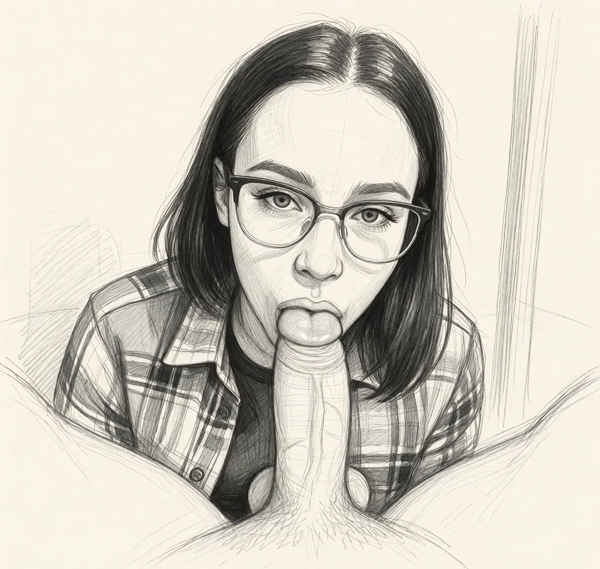 Redraw the entire picture as a hand-drawn graphite sketch on off-white paper: visible pencil strokes, cross-hatched shading, loose construction lines and no colour beyond the grey of the pencil and the tone of the paper. The background is drawn in the same style. Nothing in the frame keeps its photographic appearance. Above all, the picture must show: blowjob.