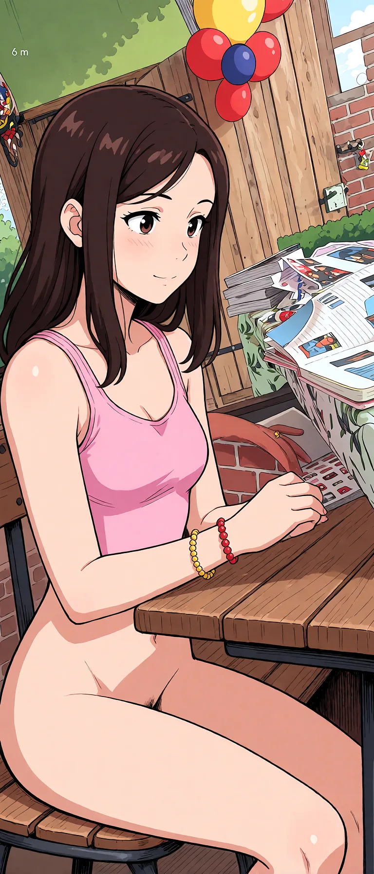 Redraw the entire picture as a hand-drawn anime illustration in flat cel-shaded anime style. It stays the same person with the same face, the same expression, the same hair and the same skin tone, and every other detail of the photograph is kept exactly as it is: nothing is added, removed, moved, uncovered or recoloured. Only the medium changes, and no part of the picture is left photographic. Above all, the picture must show: Her wearing nothing.