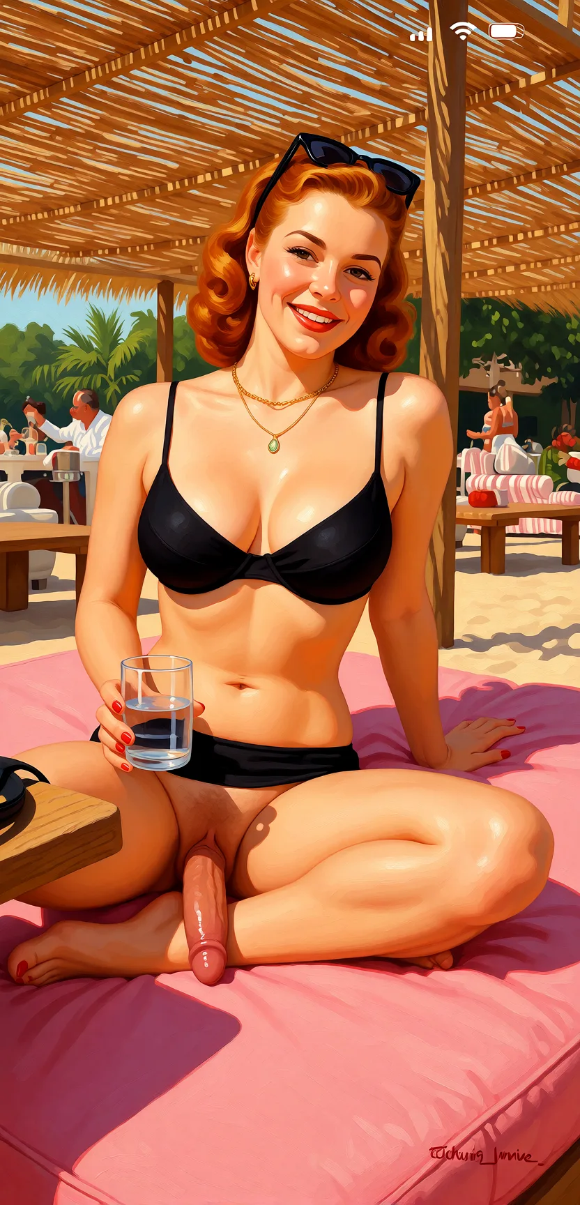 Redraw the entire picture as a retro pin-up illustration: smooth airbrushed gouache paint, warm saturated mid-century colour, clean confident outlines and glamorous stylised features, in the look of a 1950s pin-up poster. The background is painted in the same style. Nothing in the frame keeps its photographic appearance. Above all, the picture must show: Naked. Fucking penis cowgirl_position.