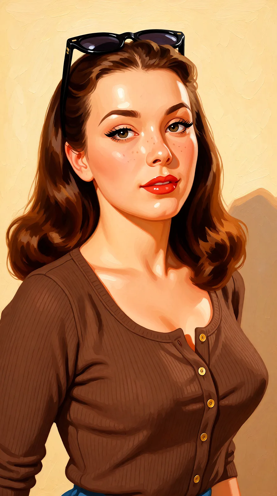 Redraw the entire picture as a retro pin-up illustration: smooth airbrushed gouache paint, warm saturated mid-century colour, clean confident outlines and glamorous stylised features, in the look of a 1950s pin-up poster. The background is painted in the same style. Nothing in the frame keeps its photographic appearance. Above all, the picture must show: Сосет средний член, несколько раз и яйца лижет.