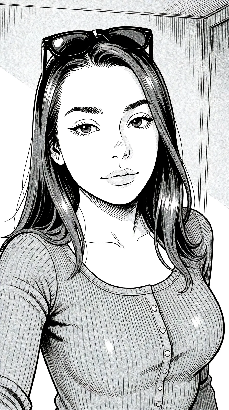 Redraw the entire picture as a black and white manga page: crisp black ink line art, no colour anywhere, flat halftone screentone shading, hatched shadows and clean white highlights, in the look of a printed manga panel. The background is drawn in the same style. Nothing in the frame keeps its photographic appearance. Above all, the picture must show: Сосет член.