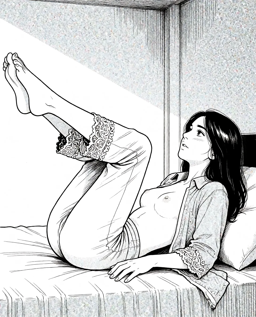 Redraw the entire picture as a black and white manga page: crisp black ink line art, no colour anywhere, flat halftone screentone shading, hatched shadows and clean white highlights, in the look of a printed manga panel. The background is drawn in the same style. Nothing in the frame keeps its photographic appearance. Above all, the picture must show: i want her on the bed in missionary position.her legs are up.the view is from the left.keep the shirt on but remove her pajama altogether.the dress remains same..