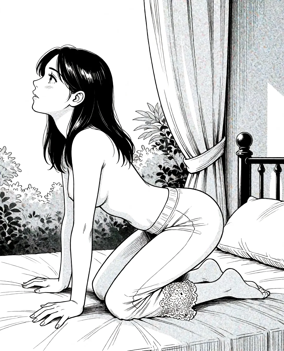 Redraw the entire picture as a black and white manga page: crisp black ink line art, no colour anywhere, flat halftone screentone shading, hatched shadows and clean white highlights, in the look of a printed manga panel. The background is drawn in the same style. Nothing in the frame keeps its photographic appearance. Above all, the picture must show: i want her on the bed in missionary position.the view is from the left.she just has shirt on.