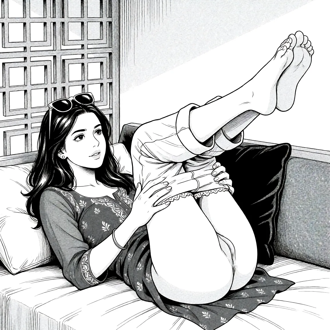 Redraw the entire picture as a black and white manga page: crisp black ink line art, no colour anywhere, flat halftone screentone shading, hatched shadows and clean white highlights, in the look of a printed manga panel. The background is drawn in the same style. Nothing in the frame keeps its photographic appearance. Above all, the picture must show: i want her on the bed in a missionary position with legs up.her dress in same.but her pajama is rolled up from her anal to her urethra.