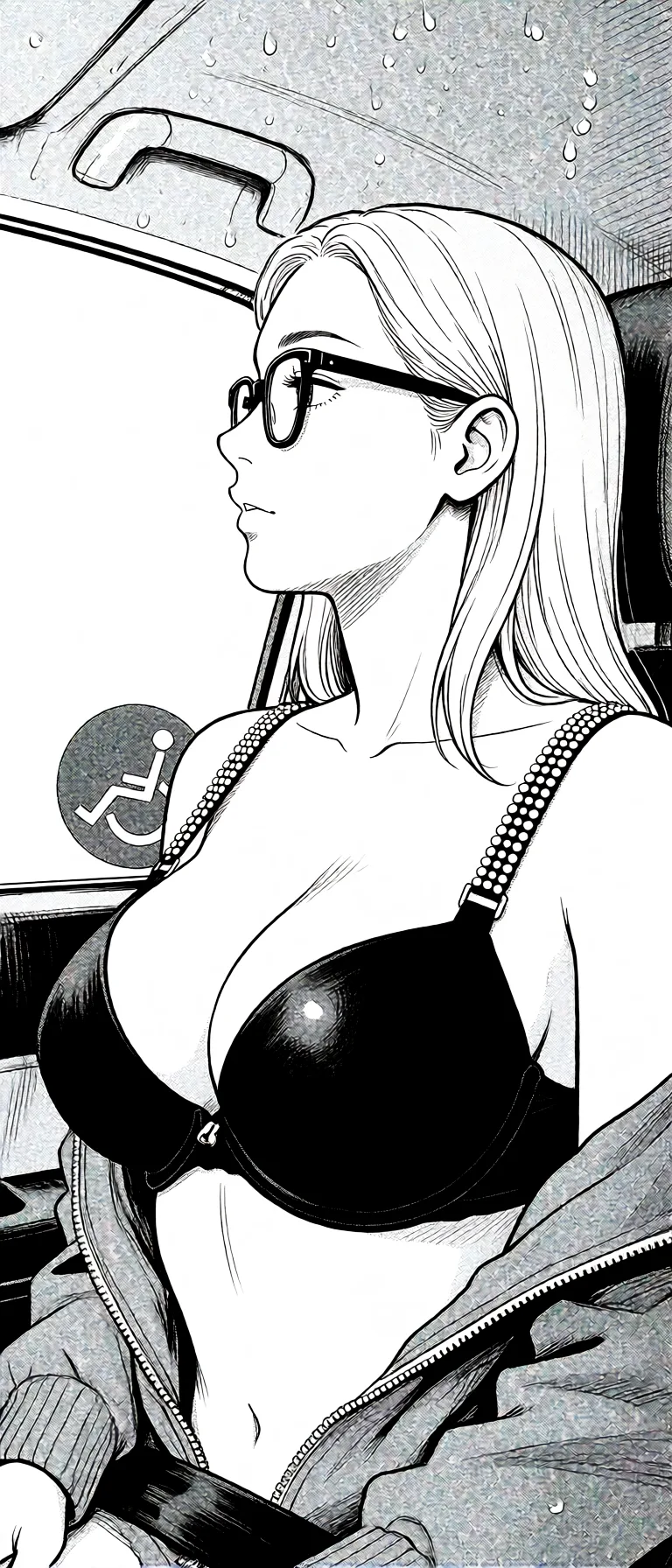 Redraw the entire picture as a black and white manga page: crisp black ink line art, no colour anywhere, flat halftone screentone shading, hatched shadows and clean white highlights, in the look of a printed manga panel. The background is drawn in the same style. Nothing in the frame keeps its photographic appearance. Above all, the picture must show: the person has taken off her coat removing it. she is wearing a huge stylish black bra with two straps covered entirely in sliver pieces.