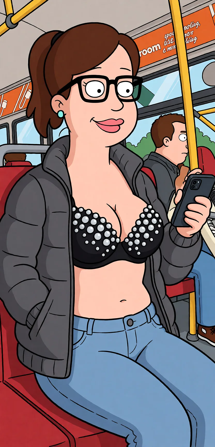 Redraw the entire picture as a western animated cartoon cel: thick even outlines, flat bright blocks of colour, simplified rounded shapes and hard-edged shadows, in the look of a television cartoon rather than of a camera. Keep the woman's adult proportions and adult figure exactly as they are; only the drawing style changes. The background is drawn in the same style. Nothing in the frame keeps its photographic appearance. Above all, the picture must show: Black Bra two straps covered in large silver bits.