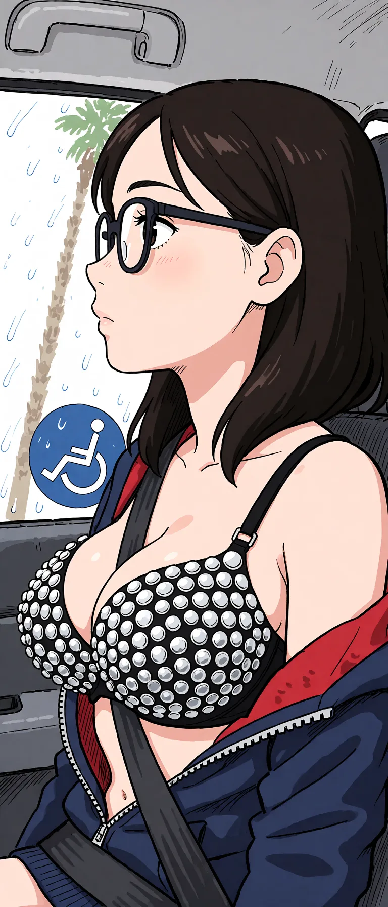 Redraw the entire picture as a hand-drawn anime illustration in flat cel-shaded anime style. It stays the same person with the same face, the same expression, the same hair and the same skin tone, and every other detail of the photograph is kept exactly as it is: nothing is added, removed, moved, uncovered or recoloured. Only the medium changes, and no part of the picture is left photographic. Above all, the picture must show: Have the person take off and remove her coat revealing a huge stylish black bra covered in big sliver bits ensure her whole bra is covered in silver bits.