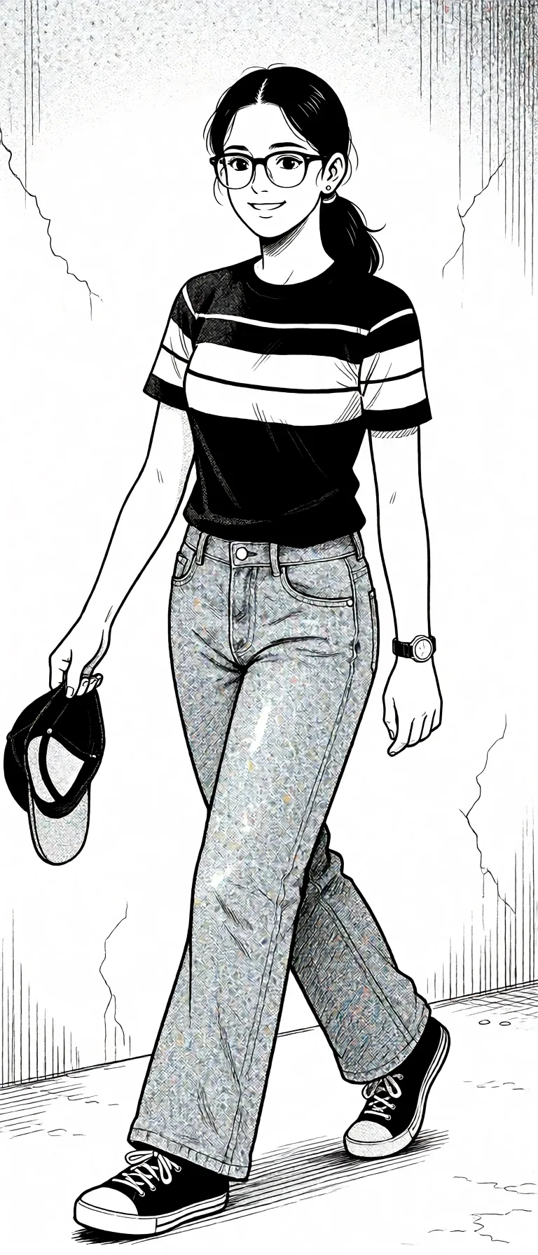 Redraw the entire picture as a black and white manga page: crisp black ink line art, no colour anywhere, flat halftone screentone shading, hatched shadows and clean white highlights, in the look of a printed manga panel. The background is drawn in the same style. Nothing in the frame keeps its photographic appearance. Above all, the picture must show: Naked no clothes.
