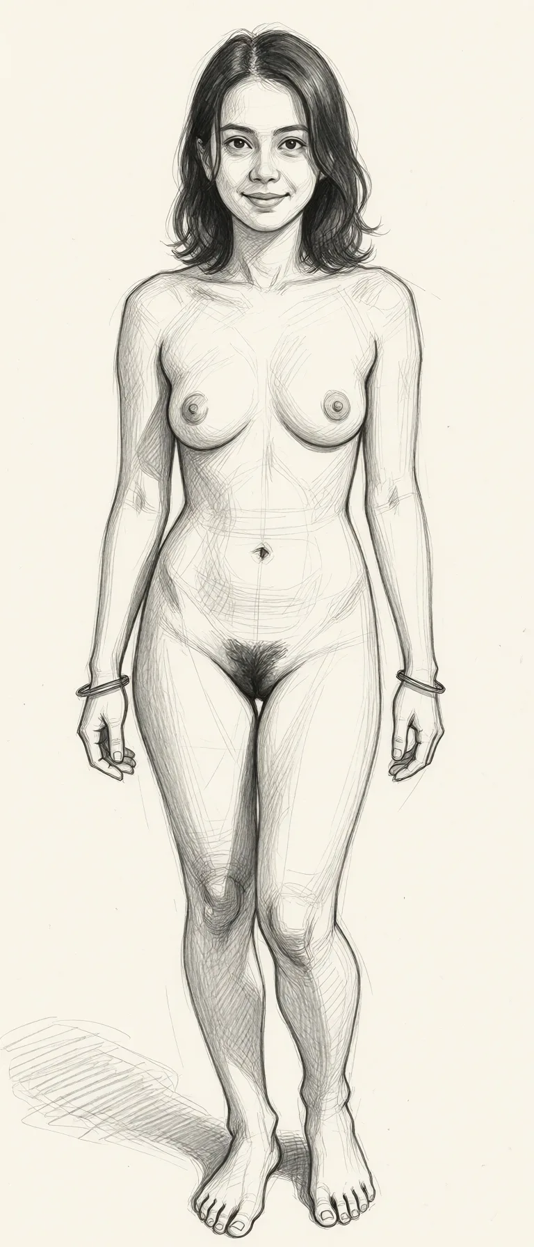 Redraw the entire picture as a hand-drawn graphite sketch on off-white paper: visible pencil strokes, cross-hatched shading, loose construction lines and no colour beyond the grey of the pencil and the tone of the paper. The background is drawn in the same style. Nothing in the frame keeps its photographic appearance. Above all, the picture must show: full nude pose, no cloth, keep original face, exposing her pussy, keep original face.
