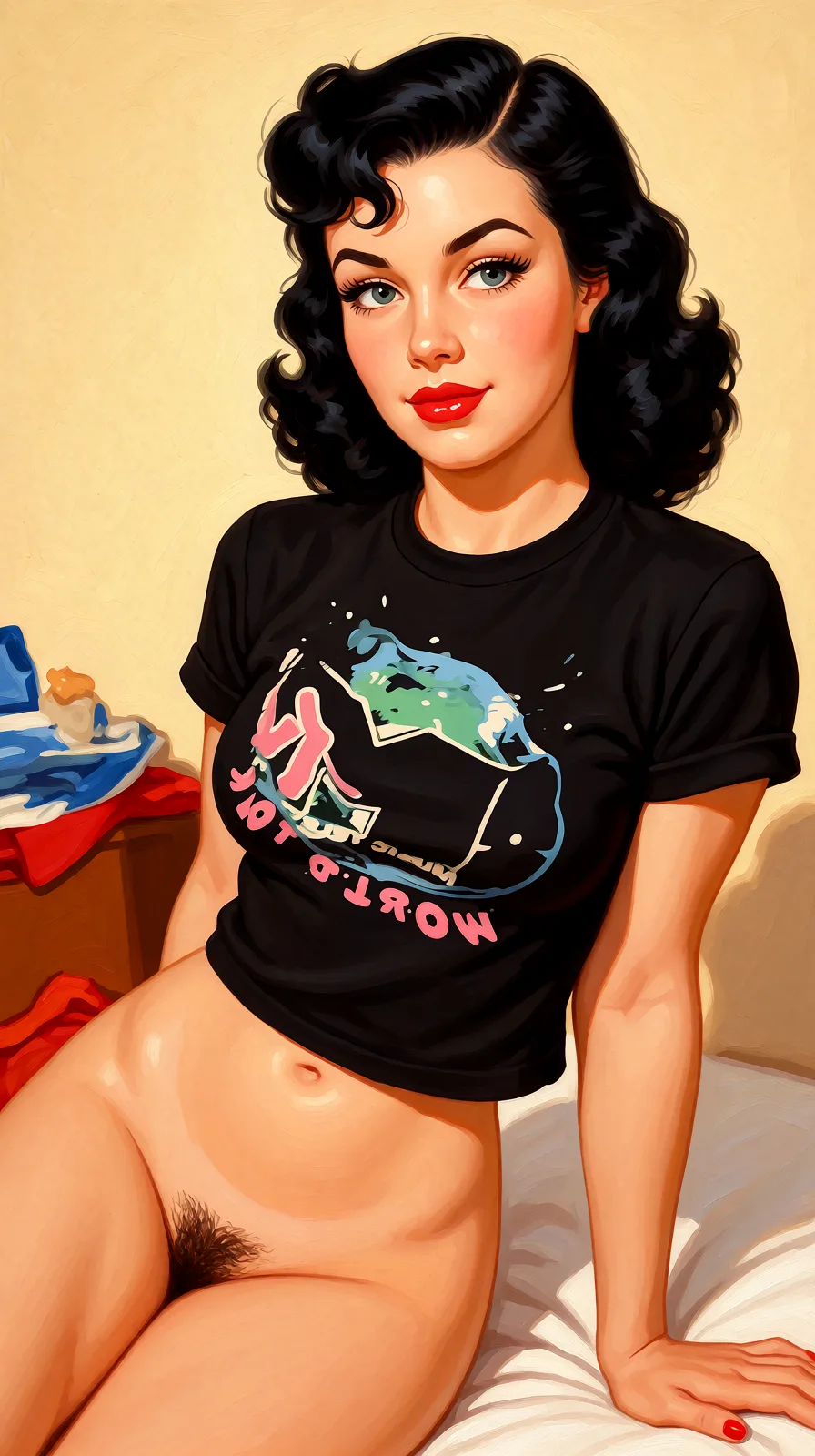 Redraw the entire picture as a retro pin-up illustration: smooth airbrushed gouache paint, warm saturated mid-century colour, clean confident outlines and glamorous stylised features, in the look of a 1950s pin-up poster. The background is painted in the same style. Nothing in the frame keeps its photographic appearance. Above all, the picture must show: Nude.