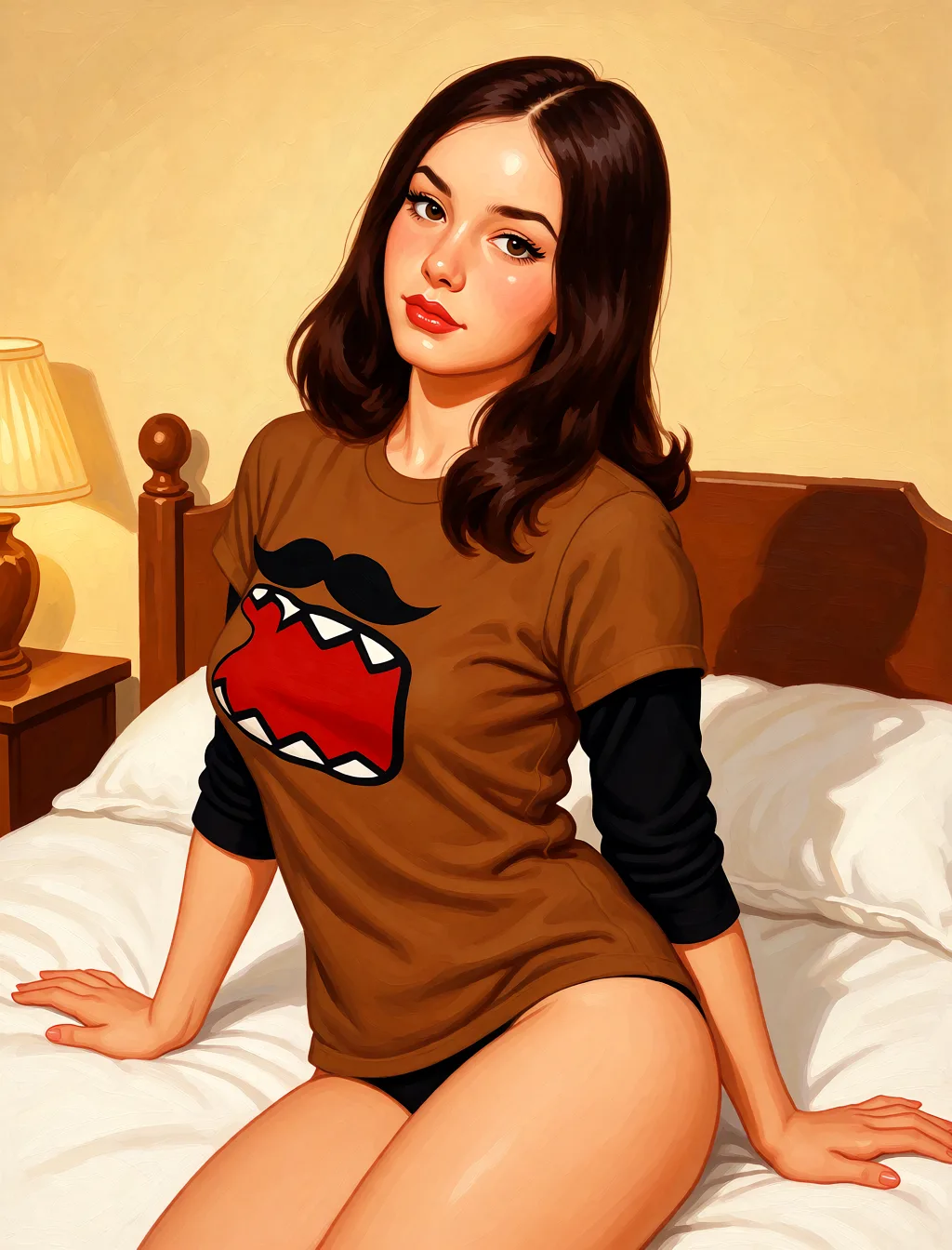 Redraw the entire picture as a retro pin-up illustration: smooth airbrushed gouache paint, warm saturated mid-century colour, clean confident outlines and glamorous stylised features, in the look of a 1950s pin-up poster. The background is painted in the same style. Nothing in the frame keeps its photographic appearance. Above all, the picture must show: Naked on a bed.