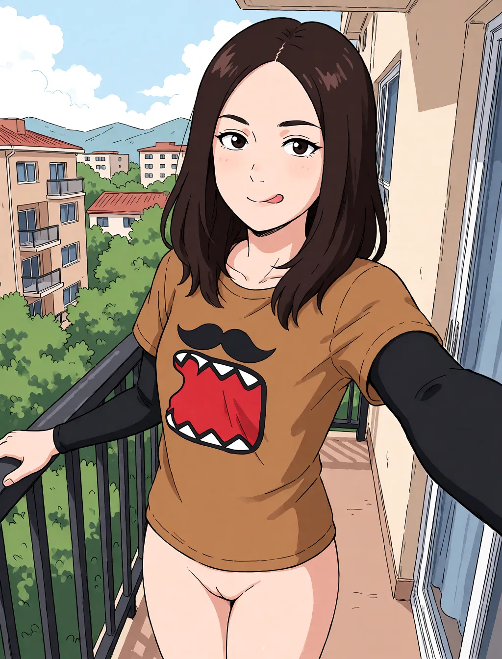 Redraw the entire picture as a hand-drawn anime illustration in flat cel-shaded anime style. It stays the same person with the same face, the same expression, the same hair and the same skin tone, and every other detail of the photograph is kept exactly as it is: nothing is added, removed, moved, uncovered or recoloured. Only the medium changes, and no part of the picture is left photographic. Above all, the picture must show: Naked on a balcony.