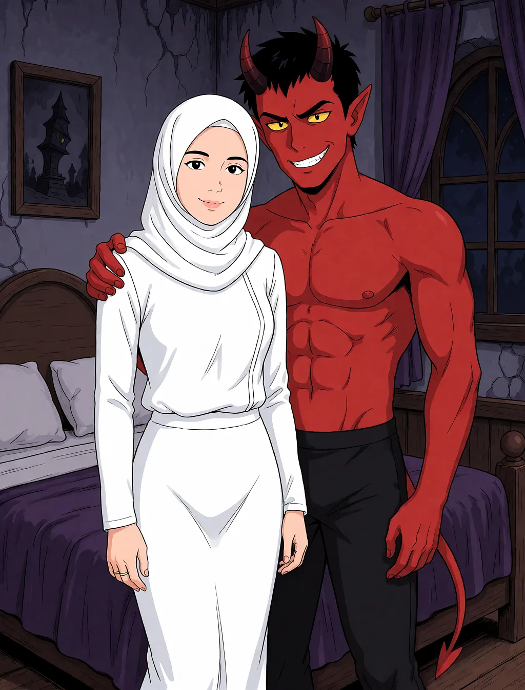 Redraw the entire picture as a hand-drawn anime illustration in flat cel-shaded anime style. It stays the same person with the same face, the same expression, the same hair and the same skin tone, and every other detail of the photograph is kept exactly as it is: nothing is added, removed, moved, uncovered or recoloured. Only the medium changes, and no part of the picture is left photographic. Above all, the picture must show: Edit me standing next to a male demon who has his arm around me, and change the background to a bed in a haunted house.