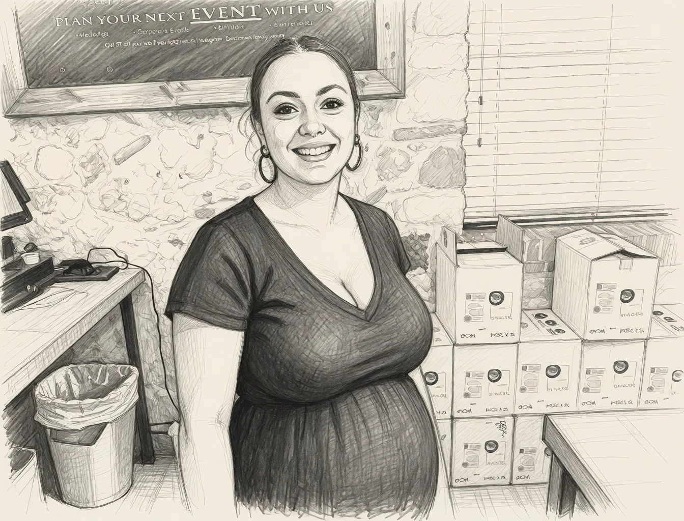 Redraw the entire picture as a hand-drawn graphite sketch on off-white paper: visible pencil strokes, cross-hatched shading, loose construction lines and no colour beyond the grey of the pencil and the tone of the paper. The background is drawn in the same style. Nothing in the frame keeps its photographic appearance. Above all, the picture must show: bigger boobs.