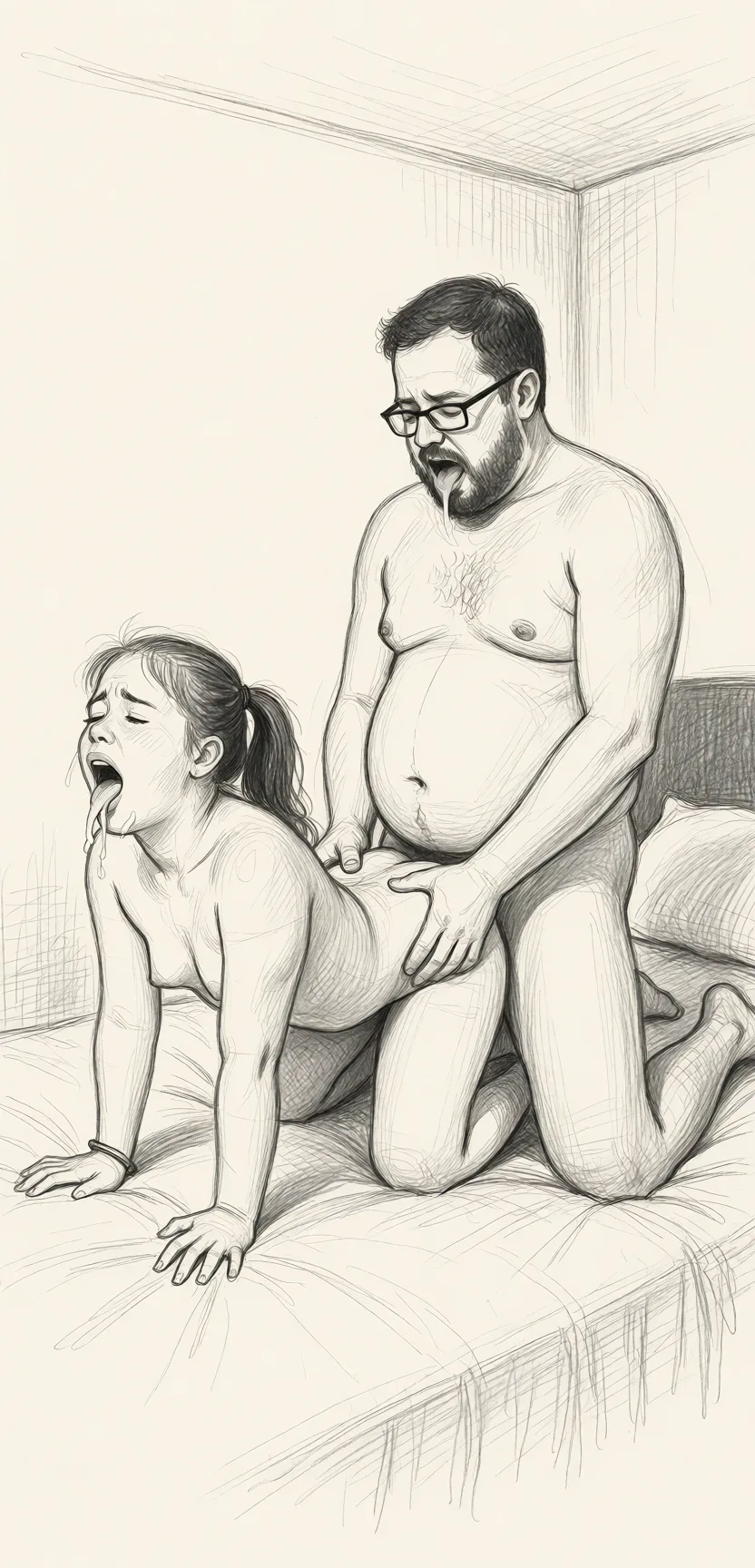 Redraw the entire picture as a hand-drawn graphite sketch on off-white paper: visible pencil strokes, cross-hatched shading, loose construction lines and no colour beyond the grey of the pencil and the tone of the paper. The background is drawn in the same style. Nothing in the frame keeps its photographic appearance. Above all, the picture must show: She is small, plump, petite, and has a ponytail, she is on her hands and knees on a bed, she's nude, he has glasses, a beard and a potbelly, he's nude and kneeling on the bed behind her, his penis is in her shaved pussy, having doggystyle sex, both having orgasm.