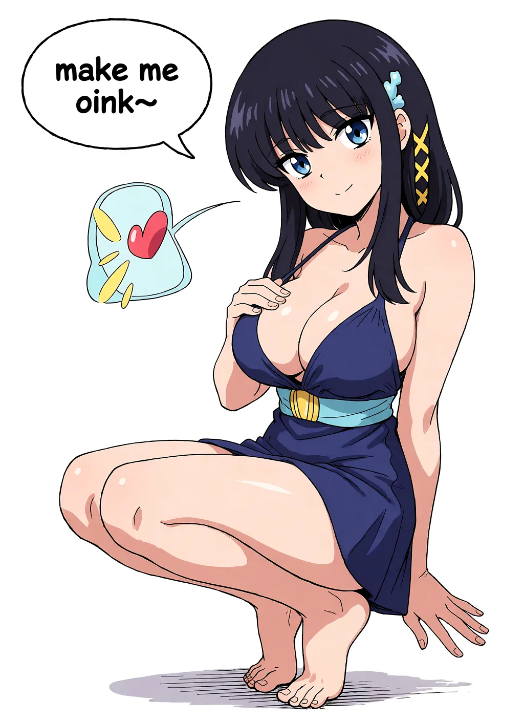 Redraw the entire picture as a hand-drawn anime illustration in flat cel-shaded anime style. It stays the same person with the same face, the same expression, the same hair and the same skin tone, and every other detail of the photograph is kept exactly as it is: nothing is added, removed, moved, uncovered or recoloured. Only the medium changes, and no part of the picture is left photographic. Above all, the picture must show: Squatting on her tippy-toes, one hand on her left tit, saying: 'make me oink~'.