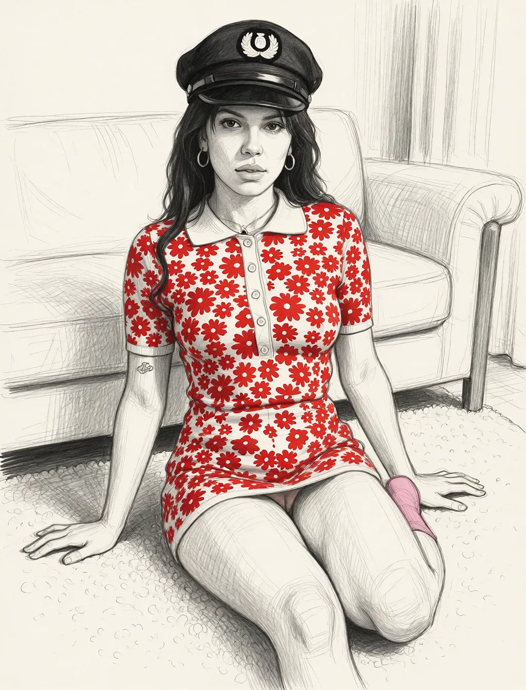 Redraw the entire picture as a hand-drawn graphite sketch on off-white paper: visible pencil strokes, cross-hatched shading, loose construction lines and no colour beyond the grey of the pencil and the tone of the paper. The background is drawn in the same style. Nothing in the frame keeps its photographic appearance. Above all, the picture must show: She wears a black fetish captainhat. You can see her boobs an asshole.