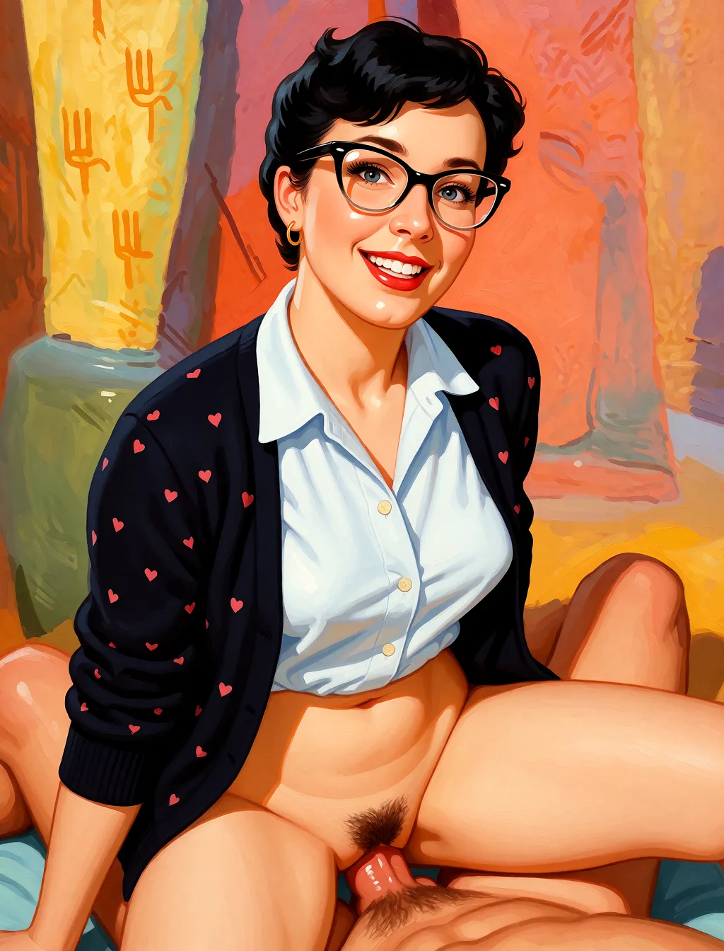 Redraw the entire picture as a retro pin-up illustration: smooth airbrushed gouache paint, warm saturated mid-century colour, clean confident outlines and glamorous stylised features, in the look of a 1950s pin-up poster. The background is painted in the same style. Nothing in the frame keeps its photographic appearance. Above all, the picture must show: fucking a woman.