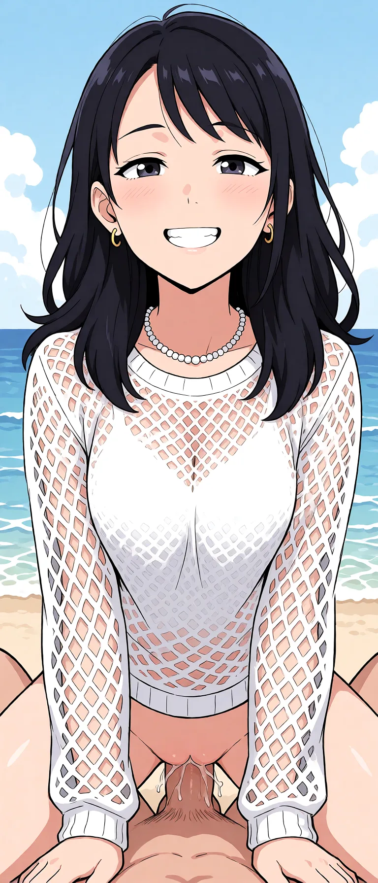 Redraw the entire picture as a hand-drawn anime illustration in flat cel-shaded anime style. It stays the same person with the same face, the same expression, the same hair and the same skin tone, and every other detail of the photograph is kept exactly as it is: nothing is added, removed, moved, uncovered or recoloured. Only the medium changes, and no part of the picture is left photographic. Above all, the picture must show: Being fucked as missionary.