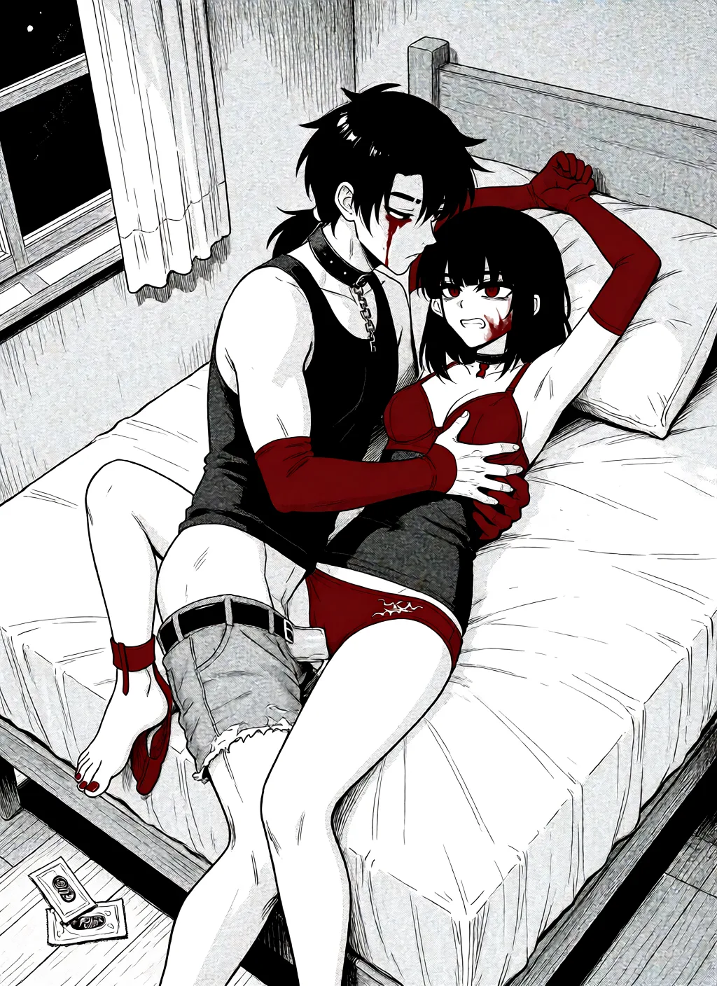 Redraw the entire picture as a black and white manga page: crisp black ink line art, no colour anywhere, flat halftone screentone shading, hatched shadows and clean white highlights, in the look of a printed manga panel. The background is drawn in the same style. Nothing in the frame keeps its photographic appearance. Above all, the picture must show: 两个角色的外貌和衣着与原图保持完全一致。两个角色在夜晚待在一个房间里面，月光从窗户照在床上。右侧角色仰面躺在床上，她的上半身穿着深红色胸罩，她的下半身和双脚完全赤裸着，她的双脚脚趾涂着红色指甲油。右侧角色把双手举过头顶，她疼得咬紧牙关，她的眼睛看着左侧角色。左侧角色的裤子褪到大腿一半处，他趴伏在右侧角色身上，他们的身体紧贴在一起，他在与右侧角色做爱，他把他的下体插进了右侧角色的下体里面。左侧角色用双手隔着胸罩抓住右侧角色的胸部。右侧角色把双脚交叉搭在左侧角色的后背上，她的右脚脚踝上挂着一条深红色中腰三角内裤，她的内裤上有一两块简洁的金色雕花装饰。两个角色的床左侧下面的地上扔着一个撕开的安全套包装和一个用过的安全套。两个角色的外貌和原图保持不变。.