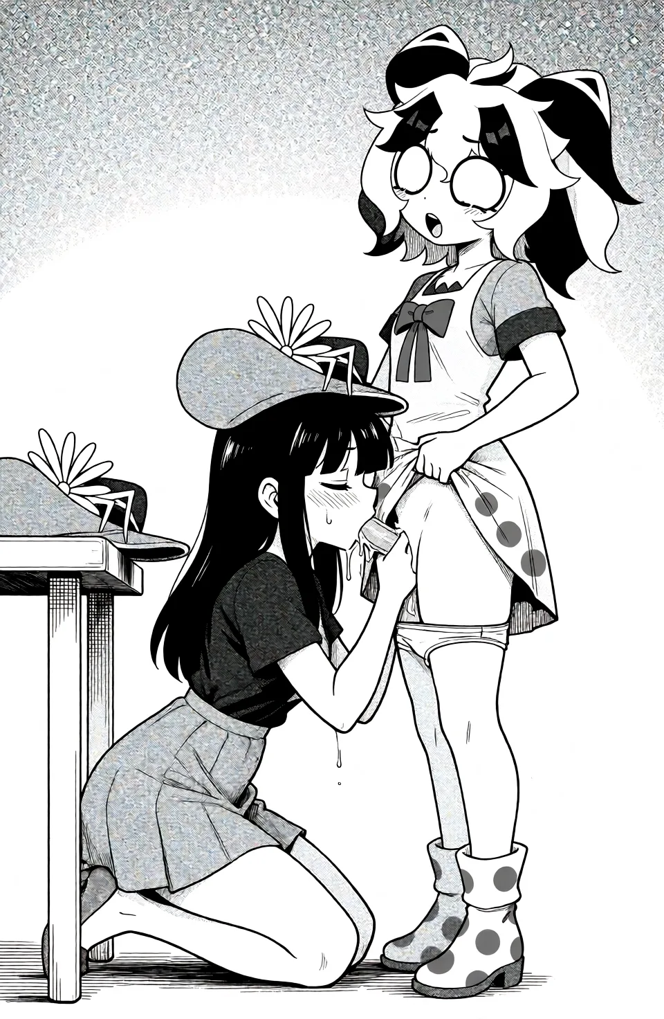 Redraw the entire picture as a black and white manga page: crisp black ink line art, no colour anywhere, flat halftone screentone shading, hatched shadows and clean white highlights, in the look of a printed manga panel. The background is drawn in the same style. Nothing in the frame keeps its photographic appearance. Above all, the picture must show: 两个角色的外貌和衣着与原图保持完全一致。左侧角色的身体朝向右边，她屈膝跪在地上，她的身后有一张桌子。左侧角色把她的帽子放在桌子上，她的面前站着右侧角色。她在给右侧角色口交，她用嘴吸吮着右侧角色的阴茎。左侧角色裙子里面的白色中腰棉三角内裤脱下到她的两脚脚踝之间。右侧角色面对面站在左侧身前，她用左手把自己的裙子前摆撩起到腰部以上，她用右手紧紧按住左侧角色的头，她的阴茎正在被左侧角色吸吮着。右侧角色裙子里面的浅黄色中腰三角内裤被脱下到双腿膝盖之间，她微微向后仰起头，她的嘴巴张开喘息着。.