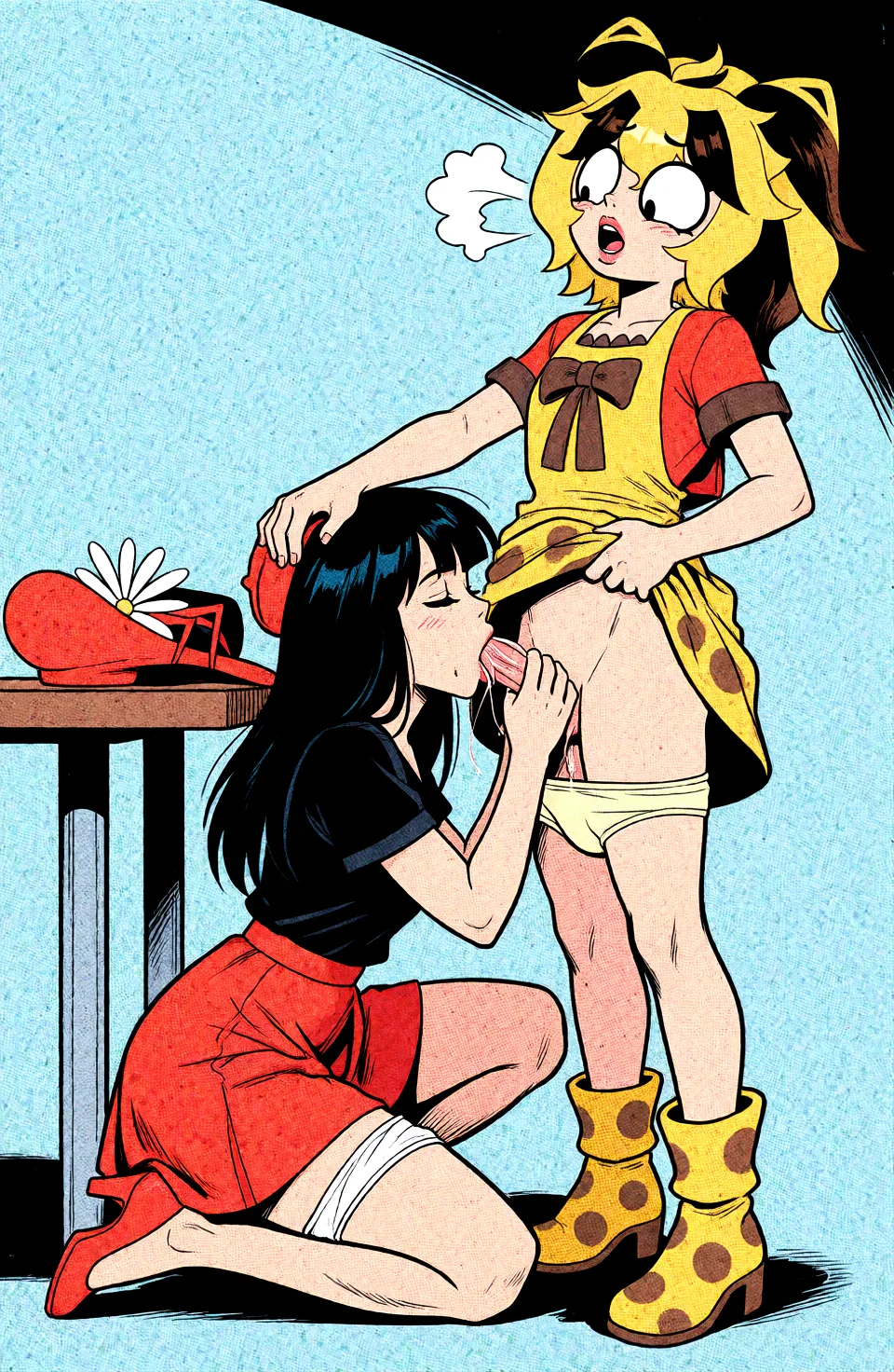 Redraw the entire picture as western comic-book art: heavy black inked outlines, hard-edged cel shading, limited high-contrast colour and visible halftone dot texture. The background is drawn in the same style. Nothing in the frame keeps its photographic appearance. Above all, the picture must show: 两个角色的外貌和衣着与原图保持完全一致。左侧角色的身体朝向右边，她屈膝跪在地上，她的身后有一张桌子。左侧角色把她头上的帽子放在桌子上，她的面前站着右侧角色。她在给右侧角色口交，她用嘴吸吮着右侧角色的阴茎。左侧角色裙子里面穿的白色中腰棉三角内裤被脱下到她的双脚脚踝之间。右侧角色面对面站在左侧身前，她用左手把自己的裙子前摆撩起到腰部以上，她用右手用力按住左侧角色的头，她的阴茎正在被左侧角色吸吮着。右侧角色裙子里面的浅黄色中腰三角内裤被脱下到双腿膝盖之间，她微微向后仰起头，她的嘴巴张开喘息着。.