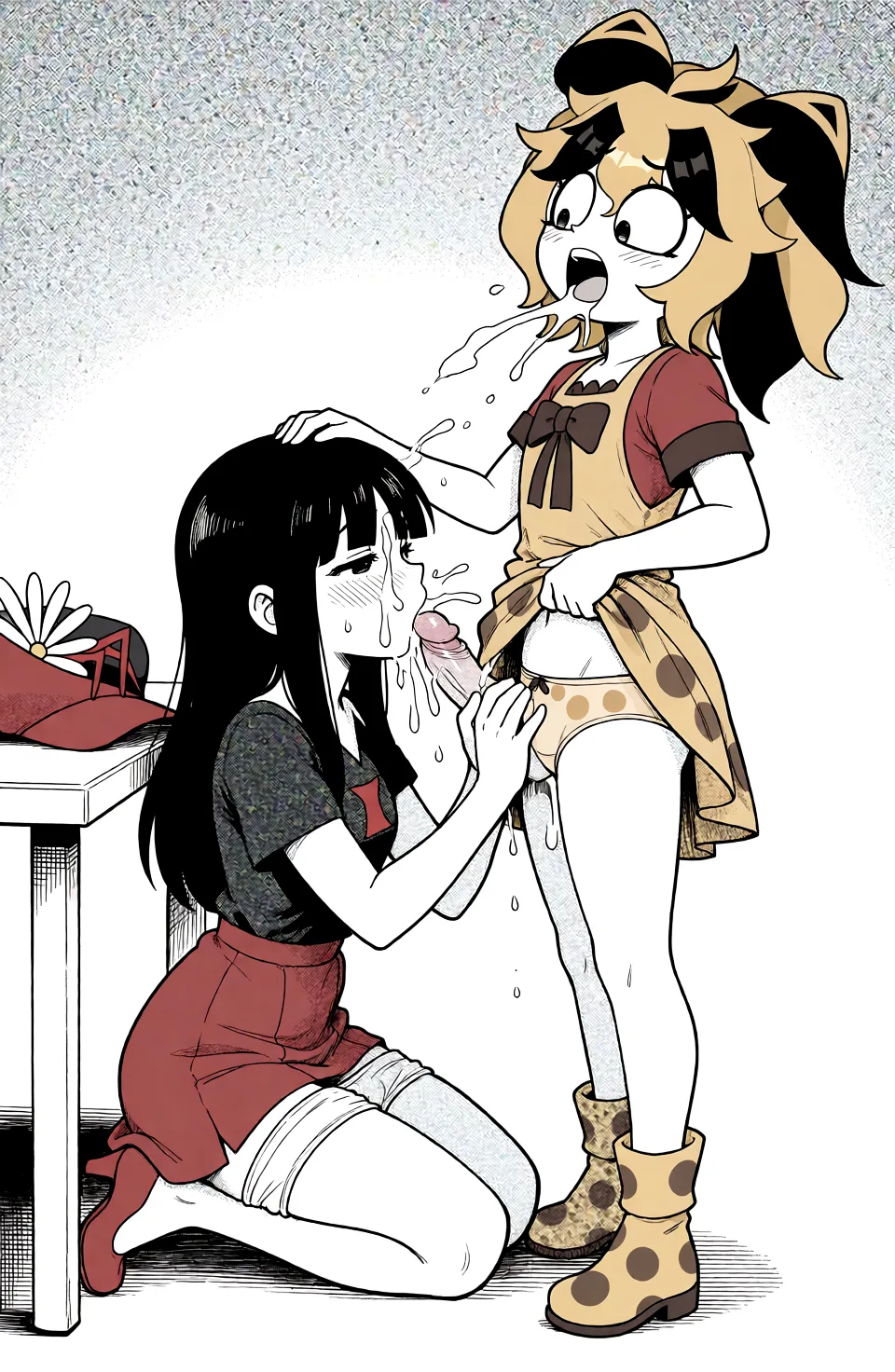 Redraw the entire picture as a black and white manga page: crisp black ink line art, no colour anywhere, flat halftone screentone shading, hatched shadows and clean white highlights, in the look of a printed manga panel. The background is drawn in the same style. Nothing in the frame keeps its photographic appearance. Above all, the picture must show: 两个角色的外貌和衣着与原图保持完全一致。左侧角色的身体朝向右边，她坐在地上，她的双腿向身体方向屈膝后缩，她的身后有一张桌子。左侧角色把她的帽子放在桌子上，她的面前站着右侧角色。她在给右侧角色手淫，她用右手来回撸动着右侧角色的阴茎。左侧角色裙子里面穿的白色中腰棉三角内裤被脱下到她的双腿膝盖之间。右侧角色面对面站在左侧身前，她用左手把自己的裙子前摆撩起到腰部以上，她用右手紧紧按住左侧角色的头，她的阴茎正在被左侧角色用手撸动着。右侧角色到达了高潮，她把精液射了出来，她射到了左侧角色的脸上和手上。右侧角色裙子里面的浅黄色中腰三角内裤被脱下到双腿膝盖之间，她的内裤上有浅棕色大圆点图案装饰。她微微向后仰起头，她的嘴巴张大叫喊着。.