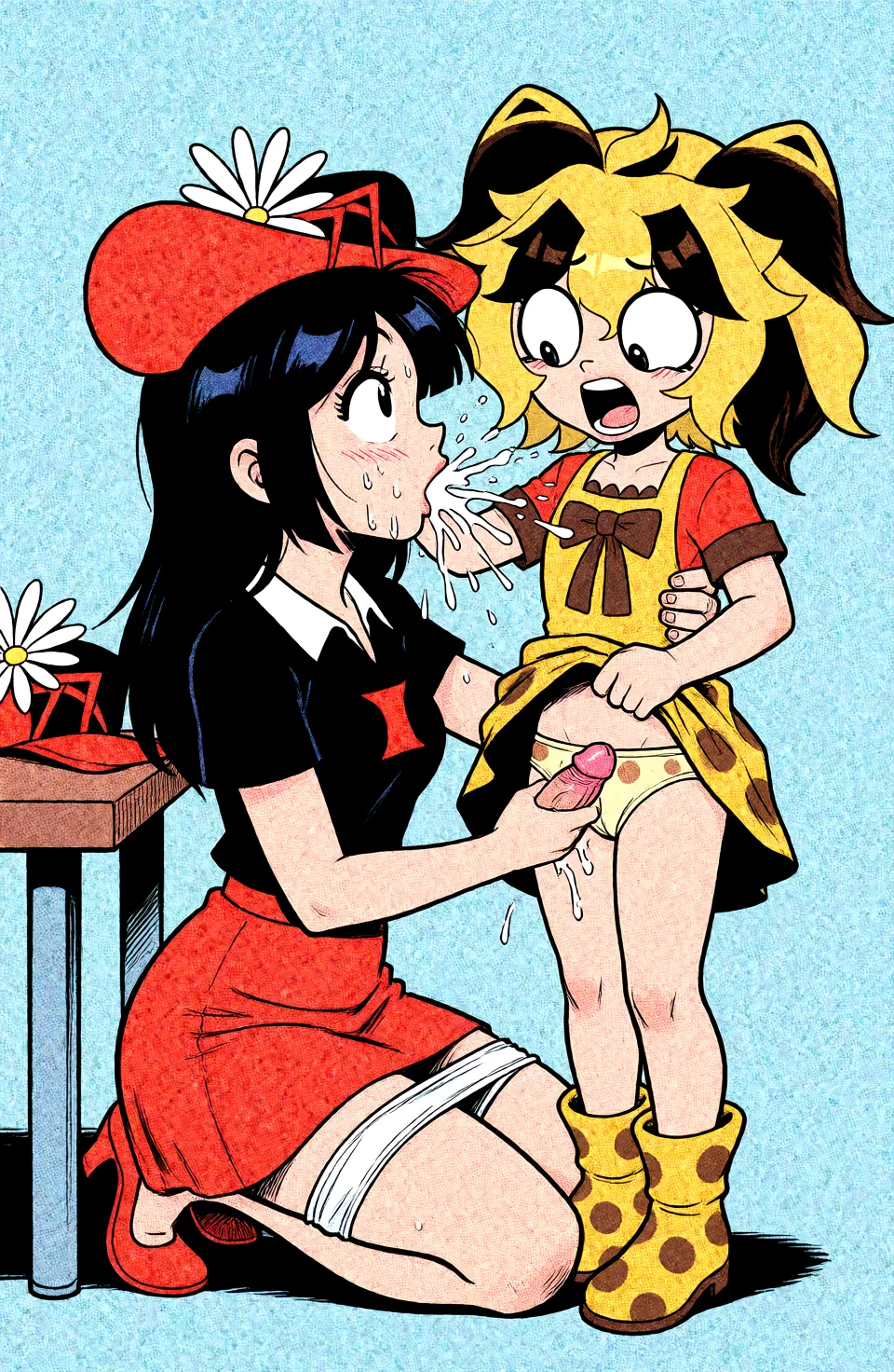 Redraw the entire picture as western comic-book art: heavy black inked outlines, hard-edged cel shading, limited high-contrast colour and visible halftone dot texture. The background is drawn in the same style. Nothing in the frame keeps its photographic appearance. Above all, the picture must show: 两个角色的外貌和衣着与原图保持完全一致。左侧角色的身体朝向右边，她坐在地上，她的双腿向身体方向屈膝后缩，她的身后有一张桌子。左侧角色把她的帽子放在桌子上，她的面前站着右侧角色。她在给右侧角色手淫，她用右手来回撸动着右侧角色的阴茎。左侧角色裙子里面穿的白色中腰棉三角内裤被脱下到她的双腿膝盖之间。右侧角色面对面站在左侧身前，她用左手把自己的裙子前摆撩起到腰部以上，她用右手紧紧按住左侧角色的头，她的阴茎正在被左侧角色用手撸动着。右侧角色到达了高潮，她把精液射了出来，她射到了左侧角色的脸上。右侧角色裙子里面的浅黄色中腰三角内裤被脱下到双腿膝盖之间，她的内裤上有浅棕色大圆点图案装饰。她低下头，她的嘴巴张大叫喊着。.