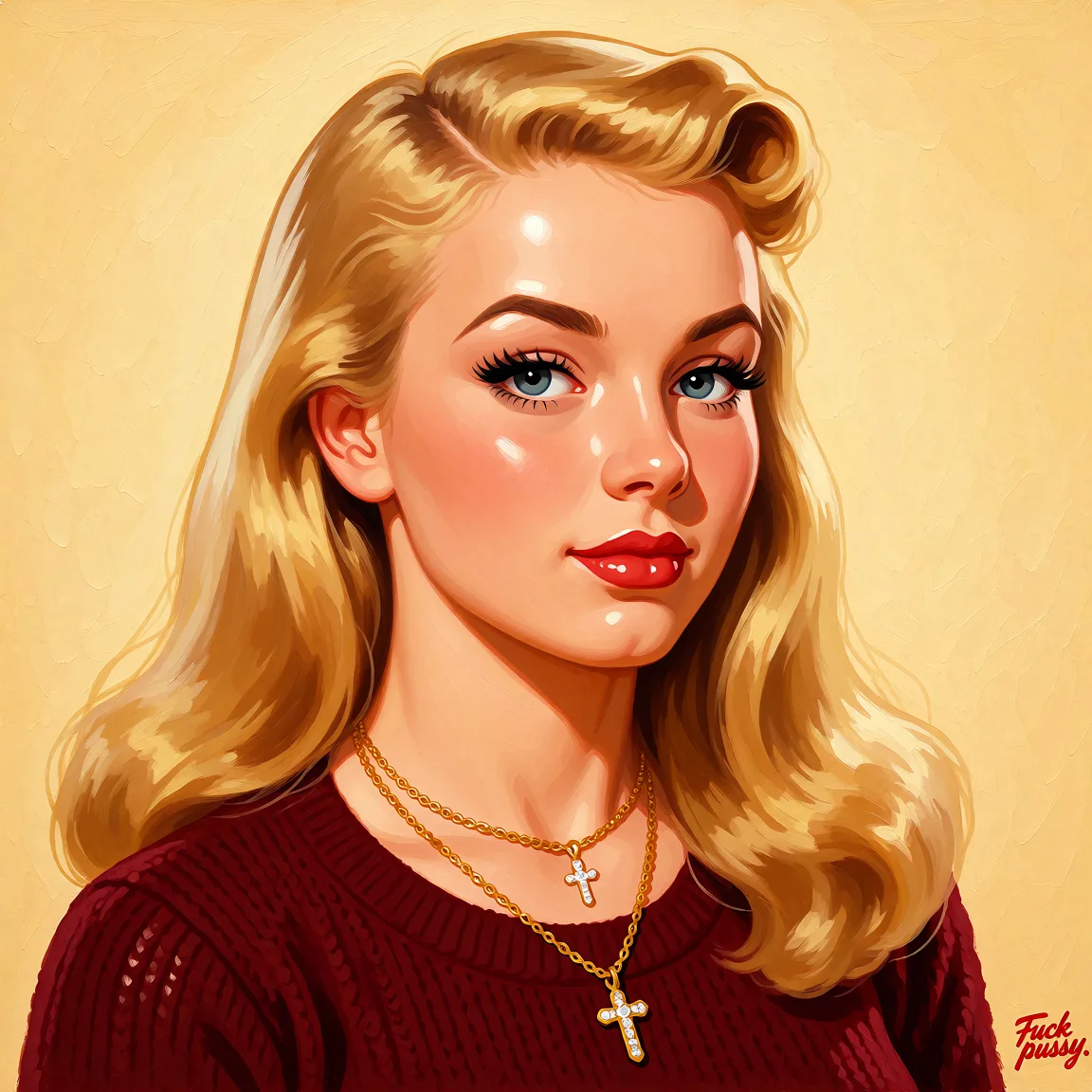 Redraw the entire picture as a retro pin-up illustration: smooth airbrushed gouache paint, warm saturated mid-century colour, clean confident outlines and glamorous stylised features, in the look of a 1950s pin-up poster. The background is painted in the same style. Nothing in the frame keeps its photographic appearance. Above all, the picture must show: Fuck pussy.