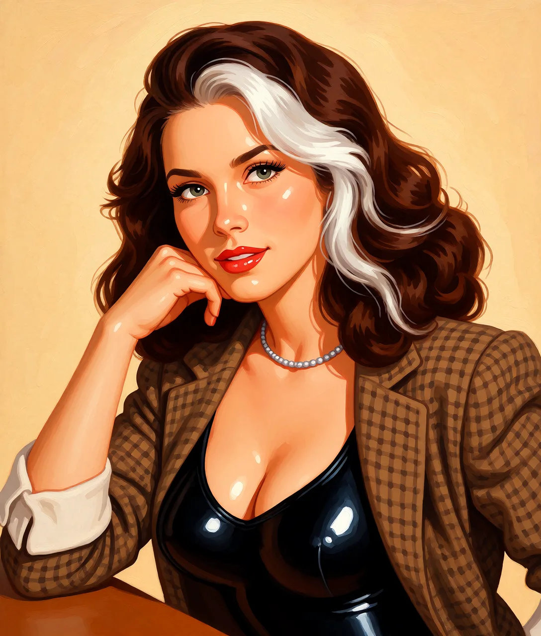 Redraw the entire picture as a retro pin-up illustration: smooth airbrushed gouache paint, warm saturated mid-century colour, clean confident outlines and glamorous stylised features, in the look of a 1950s pin-up poster. The background is painted in the same style. Nothing in the frame keeps its photographic appearance. Above all, the picture must show: breasts_out latex.