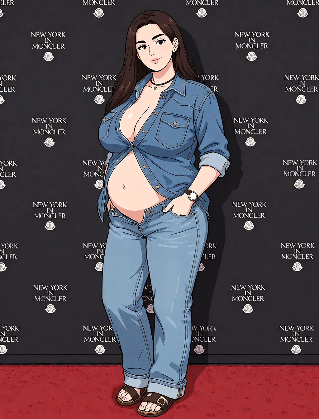 Redraw the entire picture as a hand-drawn anime illustration in flat cel-shaded anime style. It stays the same person with the same face, the same expression, the same hair and the same skin tone, and every other detail of the photograph is kept exactly as it is: nothing is added, removed, moved, uncovered or recoloured. Only the medium changes, and no part of the picture is left photographic. Above all, the picture must show: mature_female thick_thighs thick_eyebrows huge_breasts.