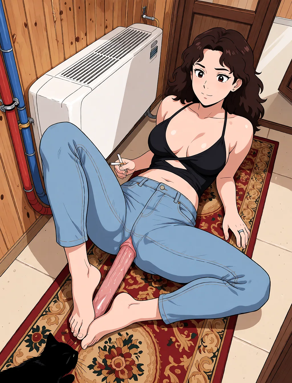 Redraw the entire picture as a hand-drawn anime illustration in flat cel-shaded anime style. It stays the same person with the same face, the same expression, the same hair and the same skin tone, and every other detail of the photograph is kept exactly as it is: nothing is added, removed, moved, uncovered or recoloured. Only the medium changes, and no part of the picture is left photographic. Above all, the picture must show: She is laying on her back doing a footjob.