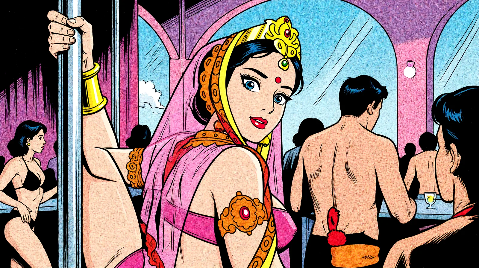 Redraw the entire picture as western comic-book art: heavy black inked outlines, hard-edged cel shading, limited high-contrast colour and visible halftone dot texture. The background is drawn in the same style. Nothing in the frame keeps its photographic appearance. Above all, the picture must show: Pole dancing in a strip club.