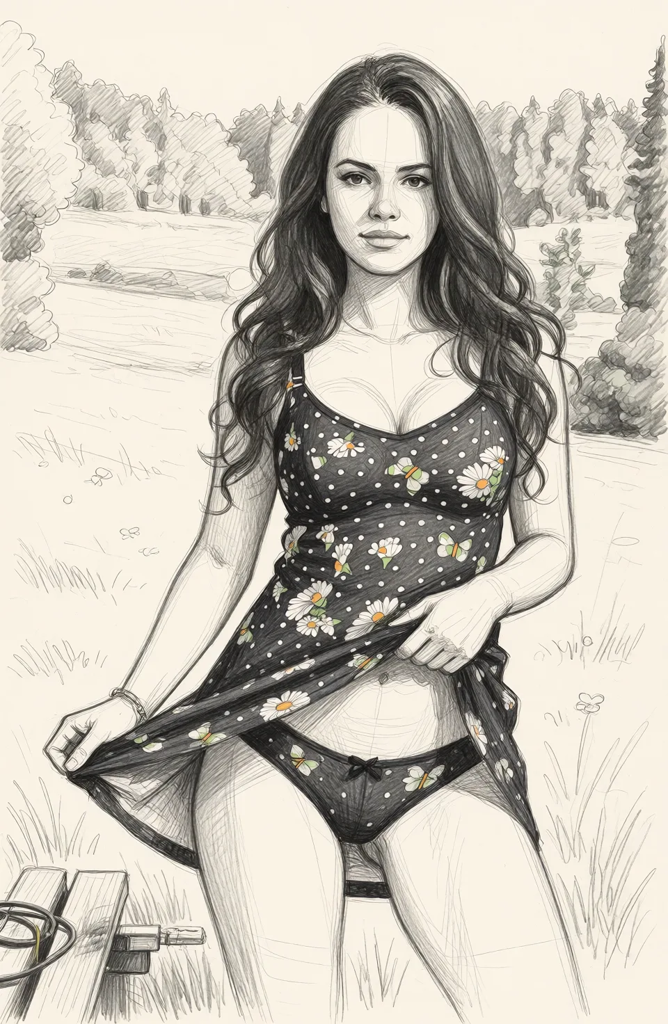 Redraw the entire picture as a hand-drawn graphite sketch on off-white paper: visible pencil strokes, cross-hatched shading, loose construction lines and no colour beyond the grey of the pencil and the tone of the paper. The background is drawn in the same style. Nothing in the frame keeps its photographic appearance. Above all, the picture must show: lingerie.