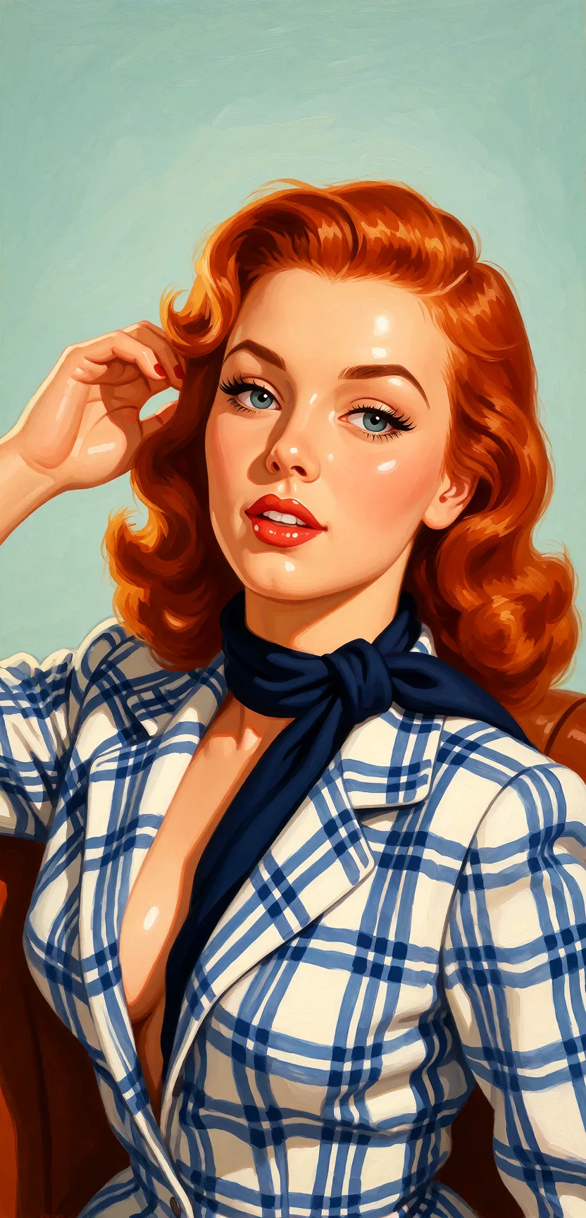 Redraw the entire picture as a retro pin-up illustration: smooth airbrushed gouache paint, warm saturated mid-century colour, clean confident outlines and glamorous stylised features, in the look of a 1950s pin-up poster. The background is painted in the same style. Nothing in the frame keeps its photographic appearance. Above all, the picture must show: Глубоко сосет.
