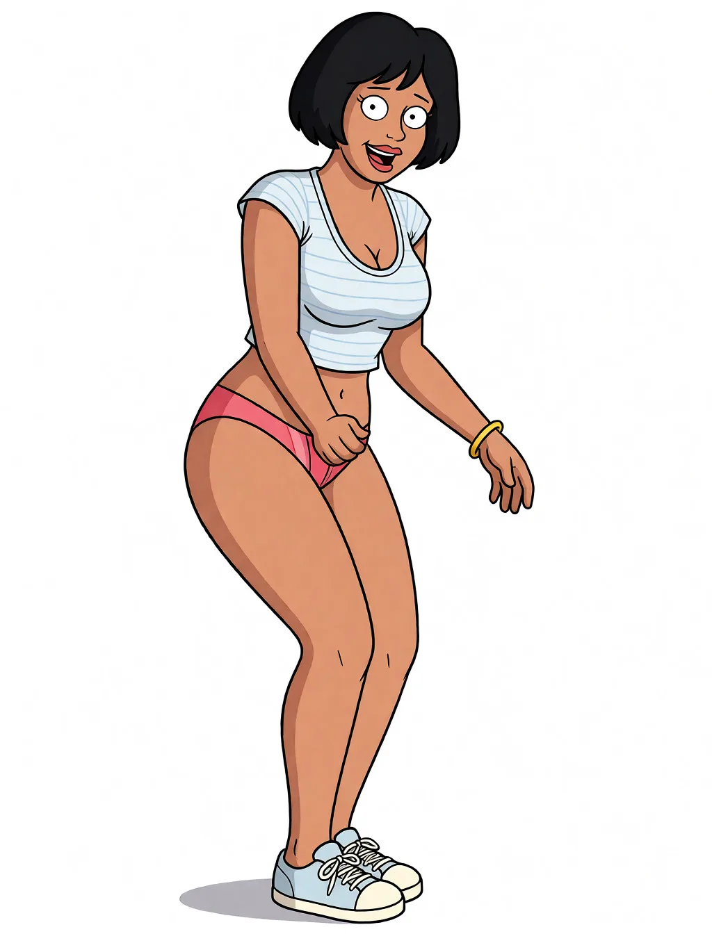 Redraw the entire picture as a western animated cartoon cel: thick even outlines, flat bright blocks of colour, simplified rounded shapes and hard-edged shadows, in the look of a television cartoon rather than of a camera. Keep the woman's adult proportions and adult figure exactly as they are; only the drawing style changes. The background is drawn in the same style. Nothing in the frame keeps its photographic appearance. Above all, the picture must show: стриптиз.